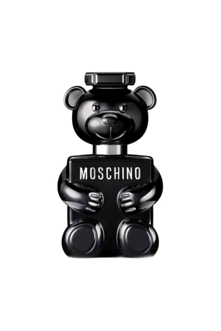 Black teddy bear-shaped Moschino perfume bottle on a white background Moschino Monza Outlet 