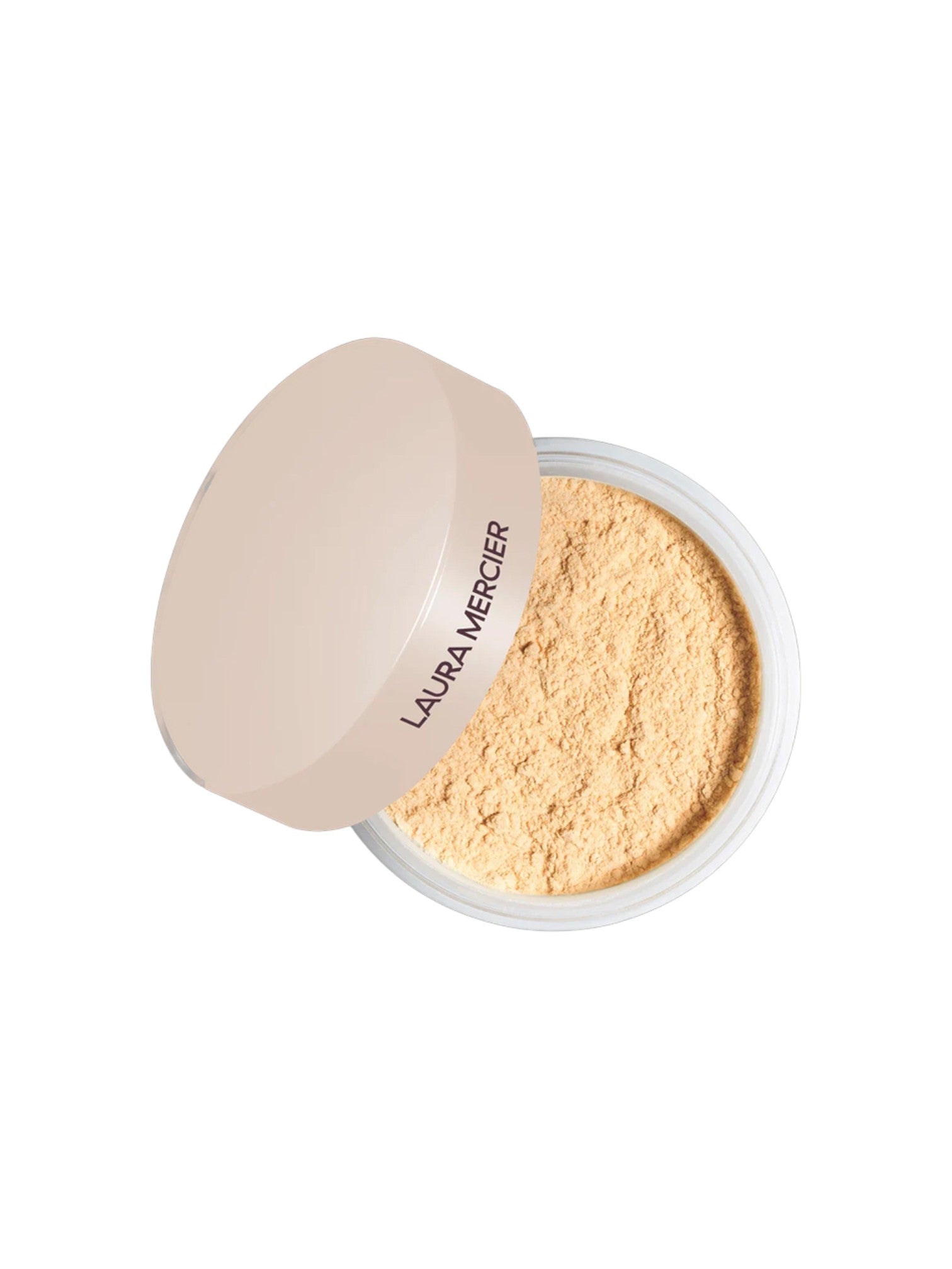 Laura Mercier loose powder with a beige powder puff on a white background  Laura Mercier Monza Outlet