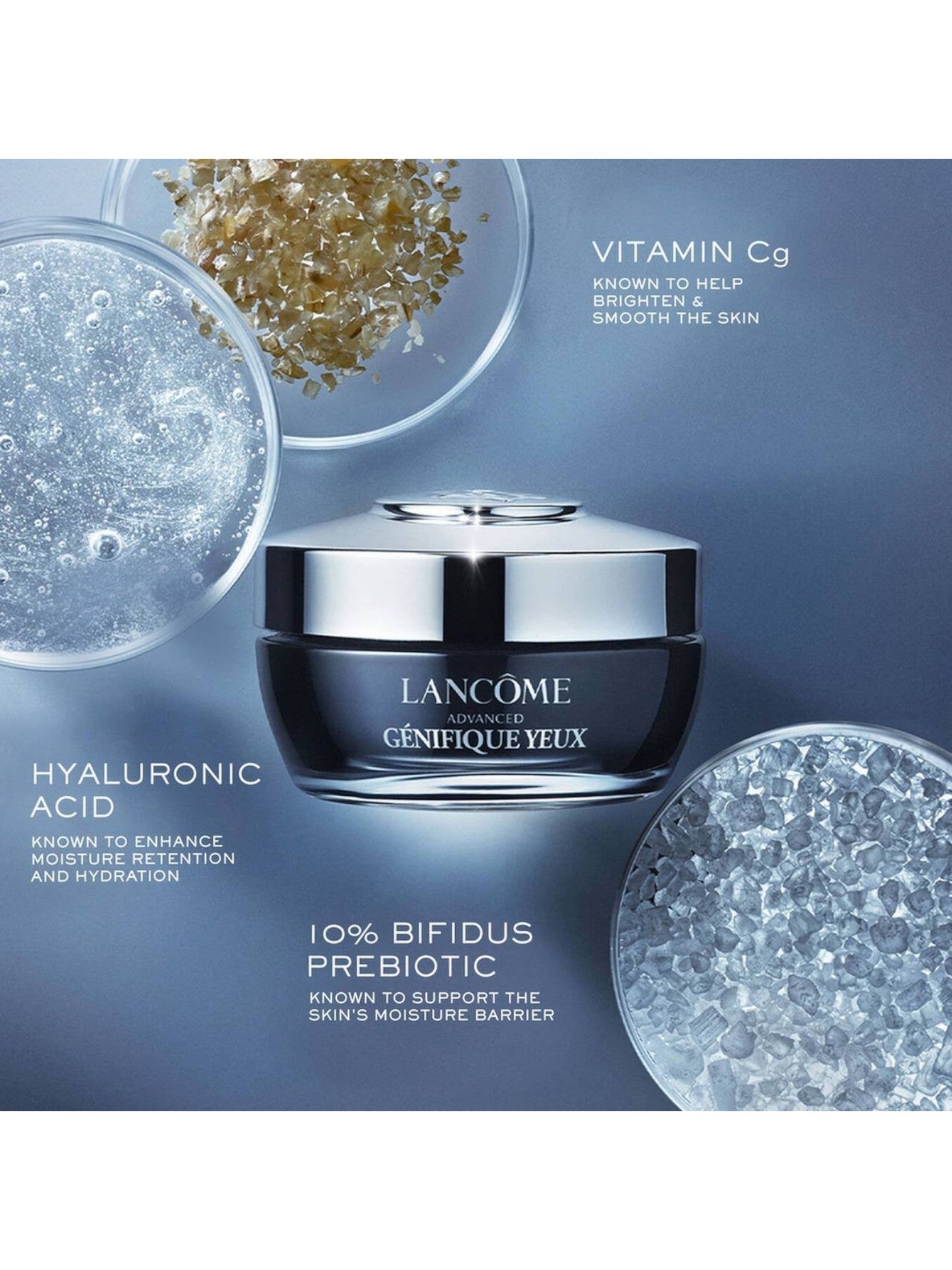Lancème eye cream jar with skincare ingredients on a blue background. Lancome, Monza Outlet, Monza Fashion, Shein Outlet 