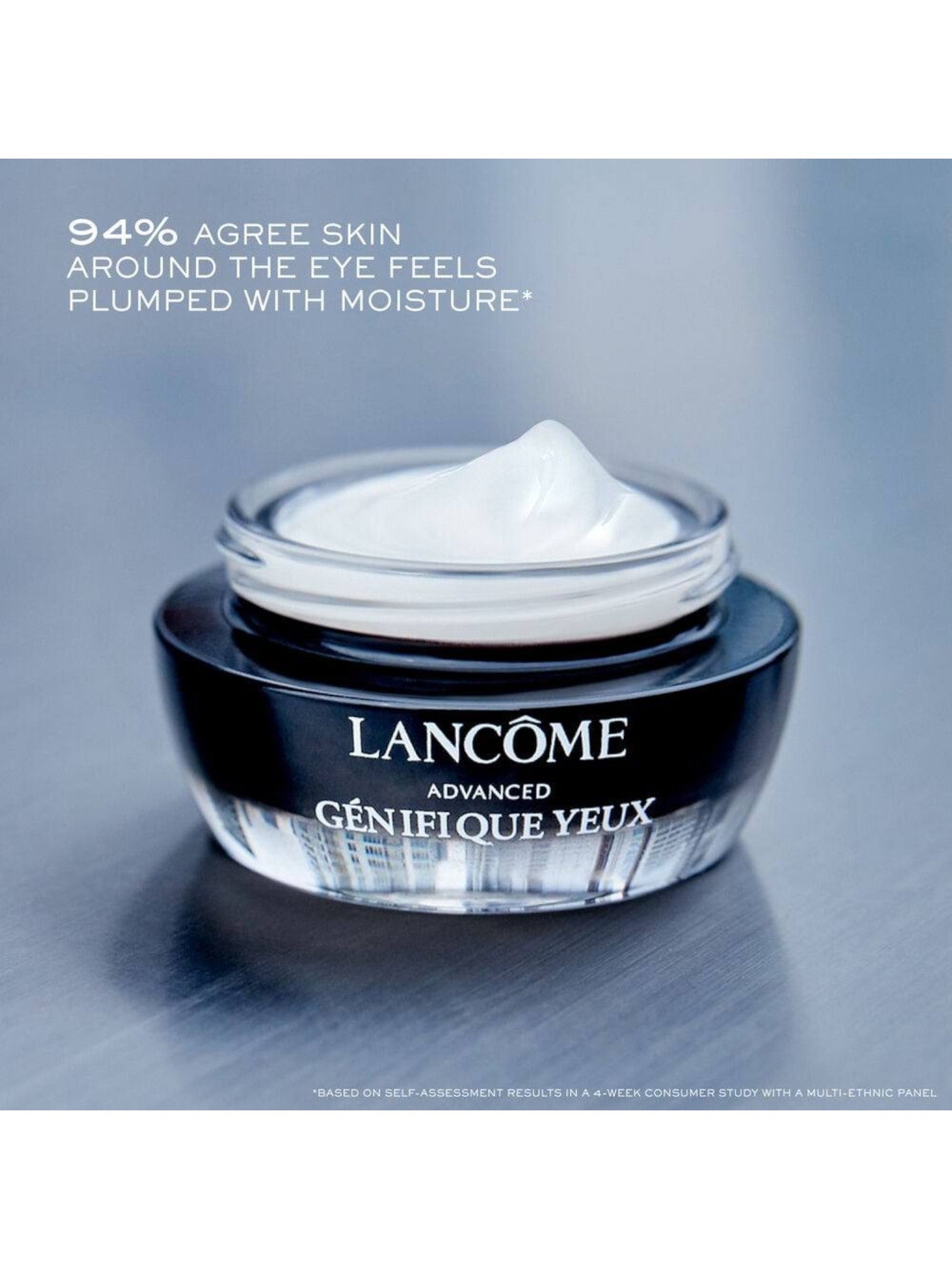 Lancème eye cream jar with text on a gray background. Lancome, Monza Outlet, Monza Fashion, Shein Outlet 