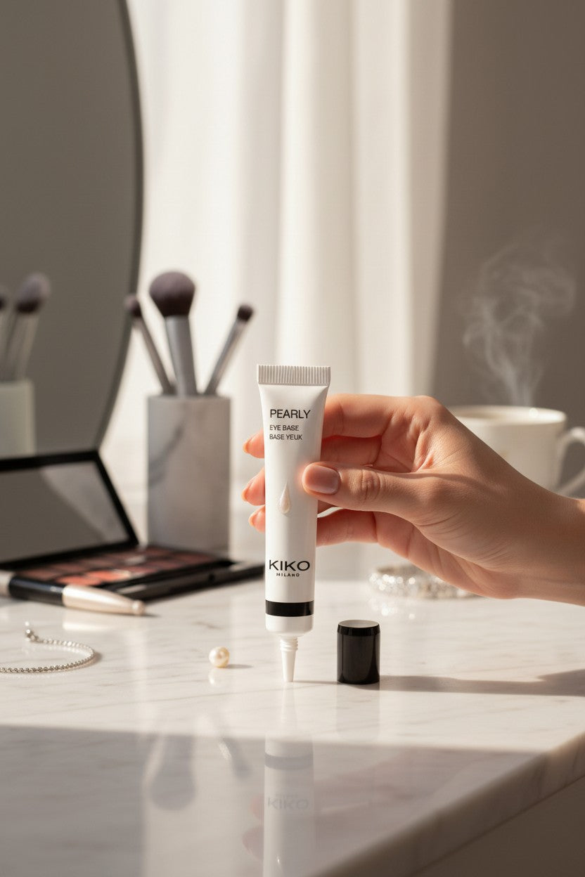 Hand holding a Kiko cosmetic tube on a vanity with makeup brushes and products. Kiko, Monza Outlet, Monza Fashion, Shein Outlet