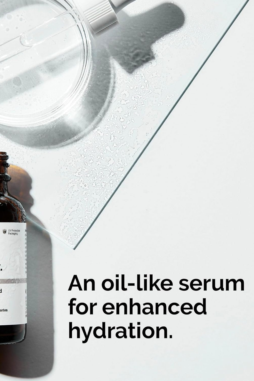 The Ordinary oil-like serum bottle on a light gray background with text. Monza Outlet