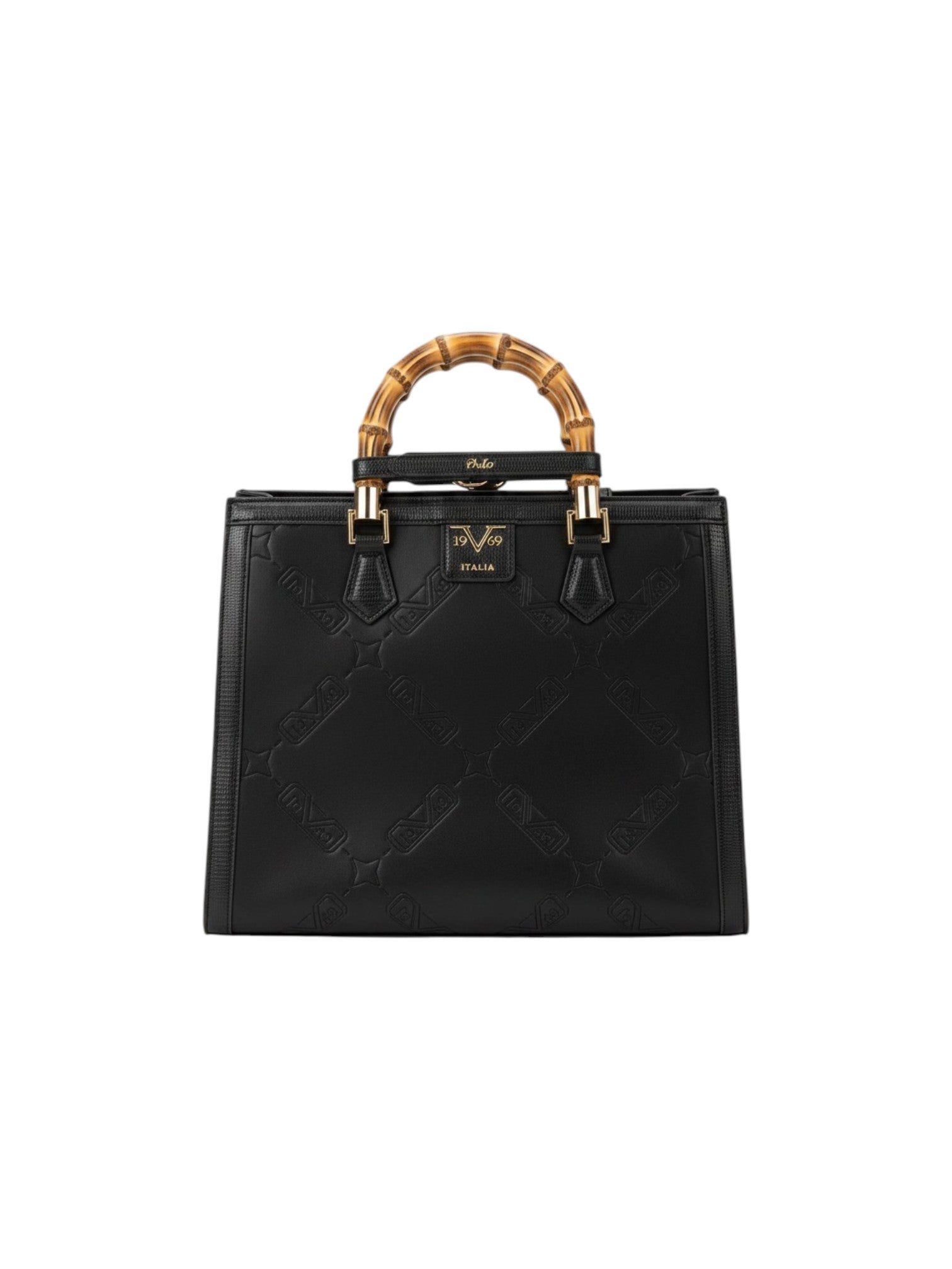 A black leather handbag with an embossed chain link pattern, featuring a natural bamboo handle and gold tone hardware, including a central M logo plaque on a white background. 19v69 Italia, Monza Outlet, Monza Fashion, Shein Outlet