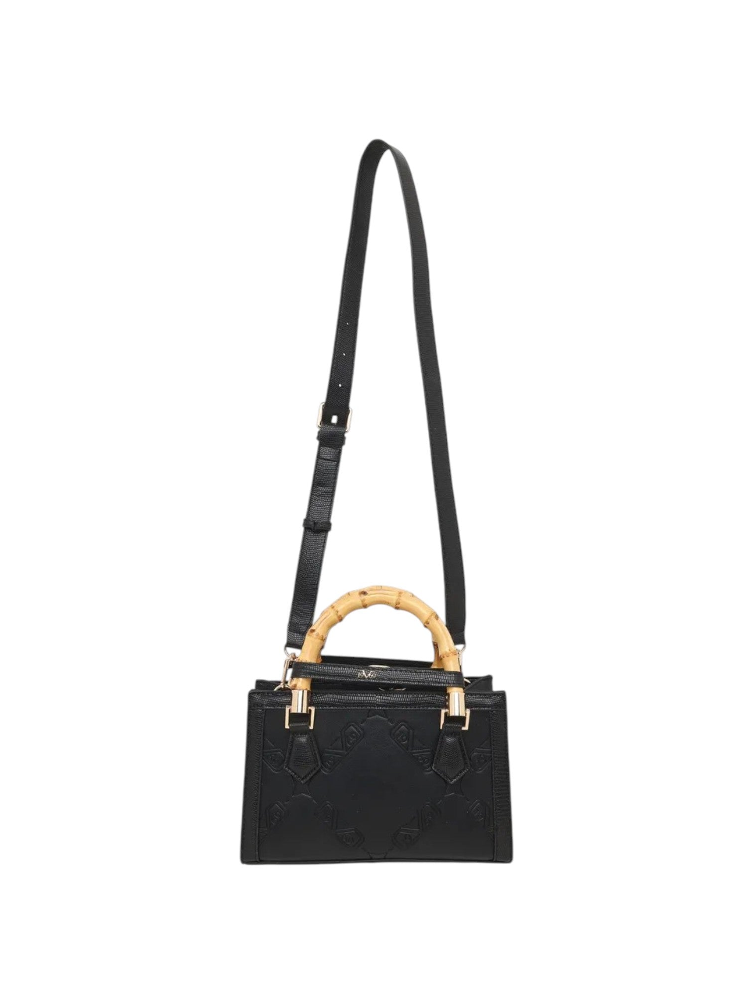 A black leather handbag with an embossed pattern, featuring a natural bamboo top handle and gold tone hardware, complete with a long black shoulder strap, shown against a plain white background. 19v69 Italia, Monza Outlet, Monza Fashion, Shein Outlet