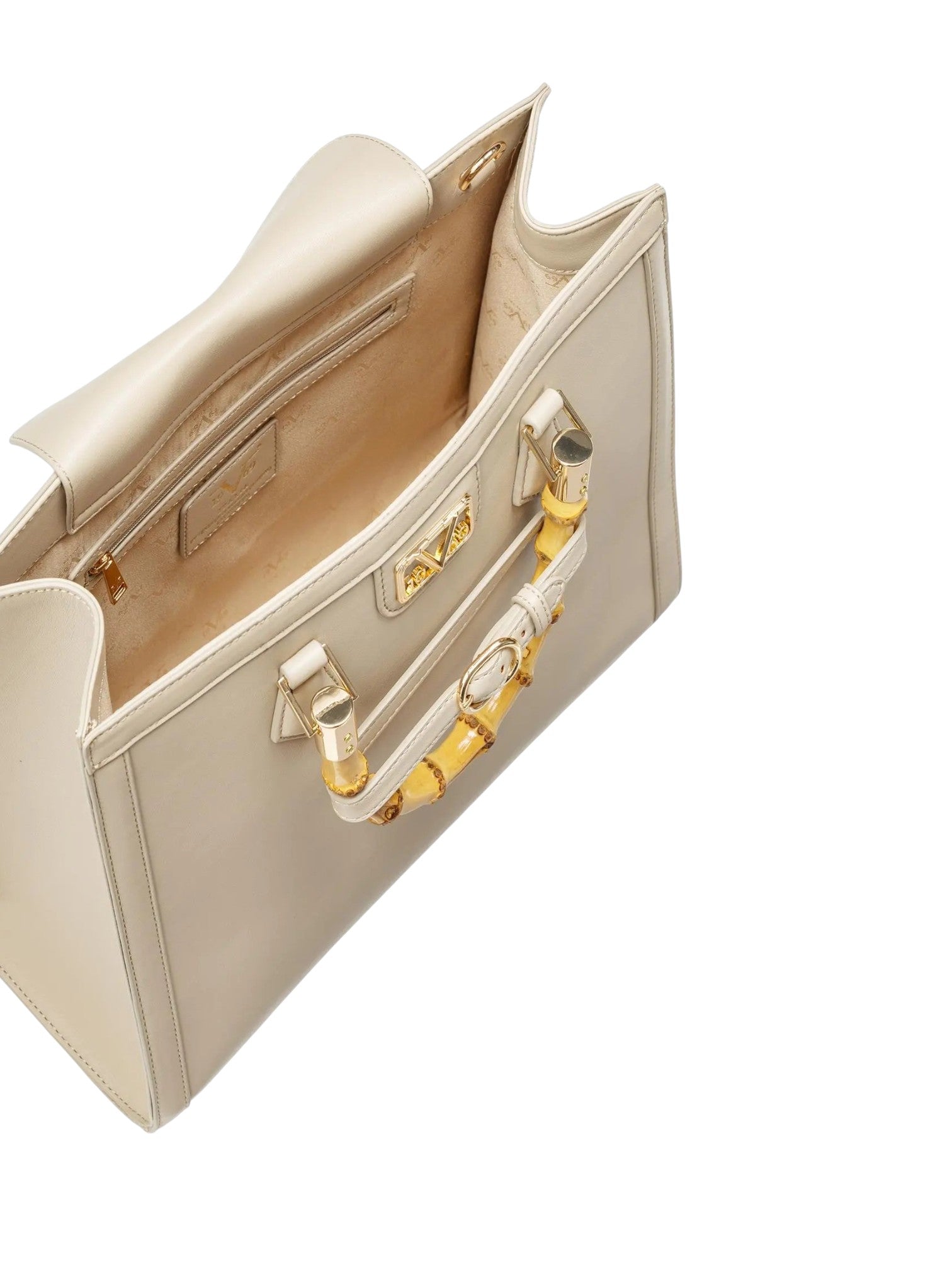 An open cream colored leather handbag with gold tone hardware and a distinctive gold and white handle, shown against a solid white background. 19v69 Italia, Monza Outlet, Monza Fashion, Shein Outlet