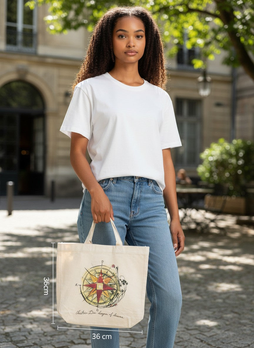 Woman holding a tote bag with a compass design in an urban setting. Dior, Monza Outlet, Monza Fashion, Shein Outlet 