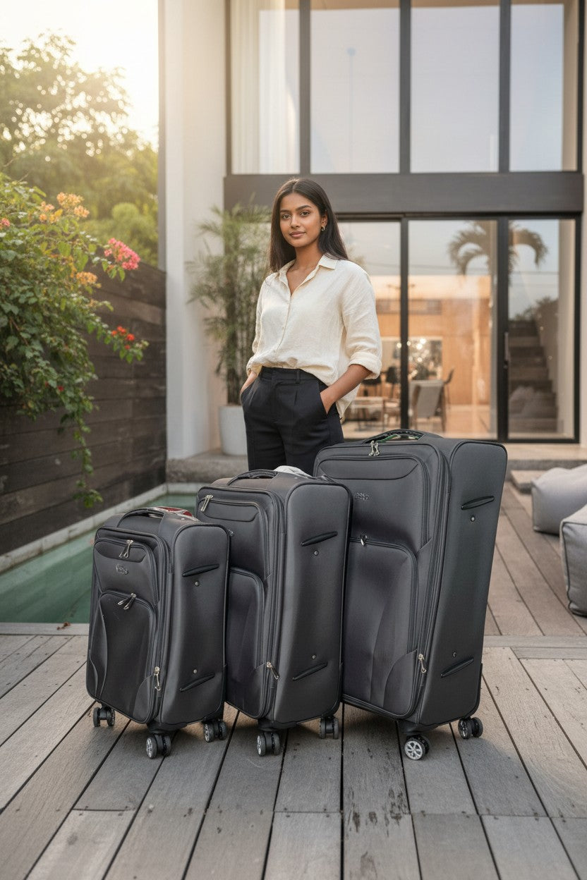 Woman standing with three black suitcases on a wooden deck. Monza Outlet, Monza Fashion, Shein Outlet