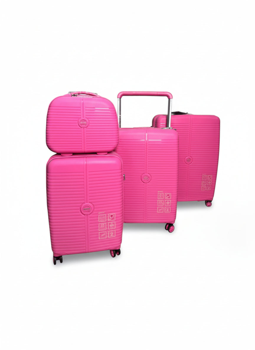 Set of pink suitcases of different sizes on a white background. Monza Italy, Monza Outlet, Monza Fashion, Shein Outlet