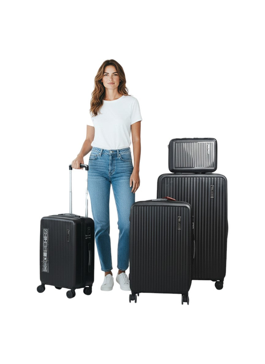 Woman standing next to a set of black suitcases on a white background. Monza Italy, Monza Outlet, Monza Fashion, Shein Outlet 