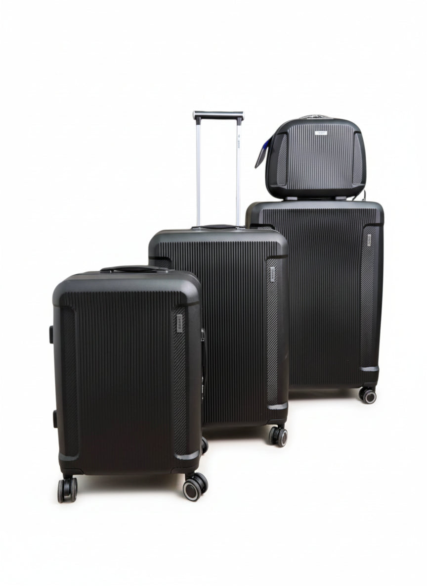Set of three black suitcases of different sizes on a white background. Monza Italy, Monza Outlet, Monza Fashion, Shein Outlet 