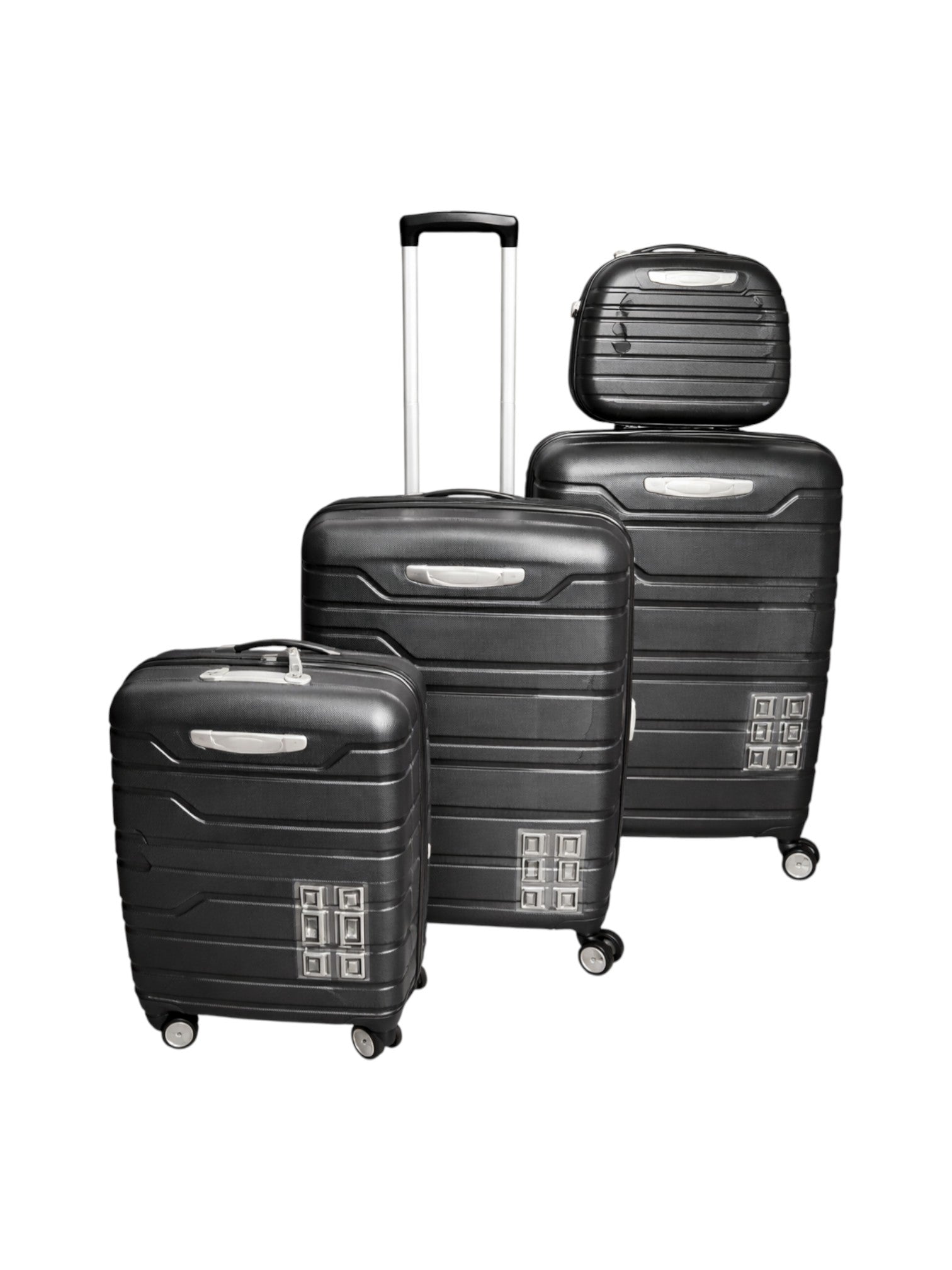 Set of black suitcases of different sizes on a white background. Monza Summit, Monza Outlet, Monza Fashion, Shein Outlet  