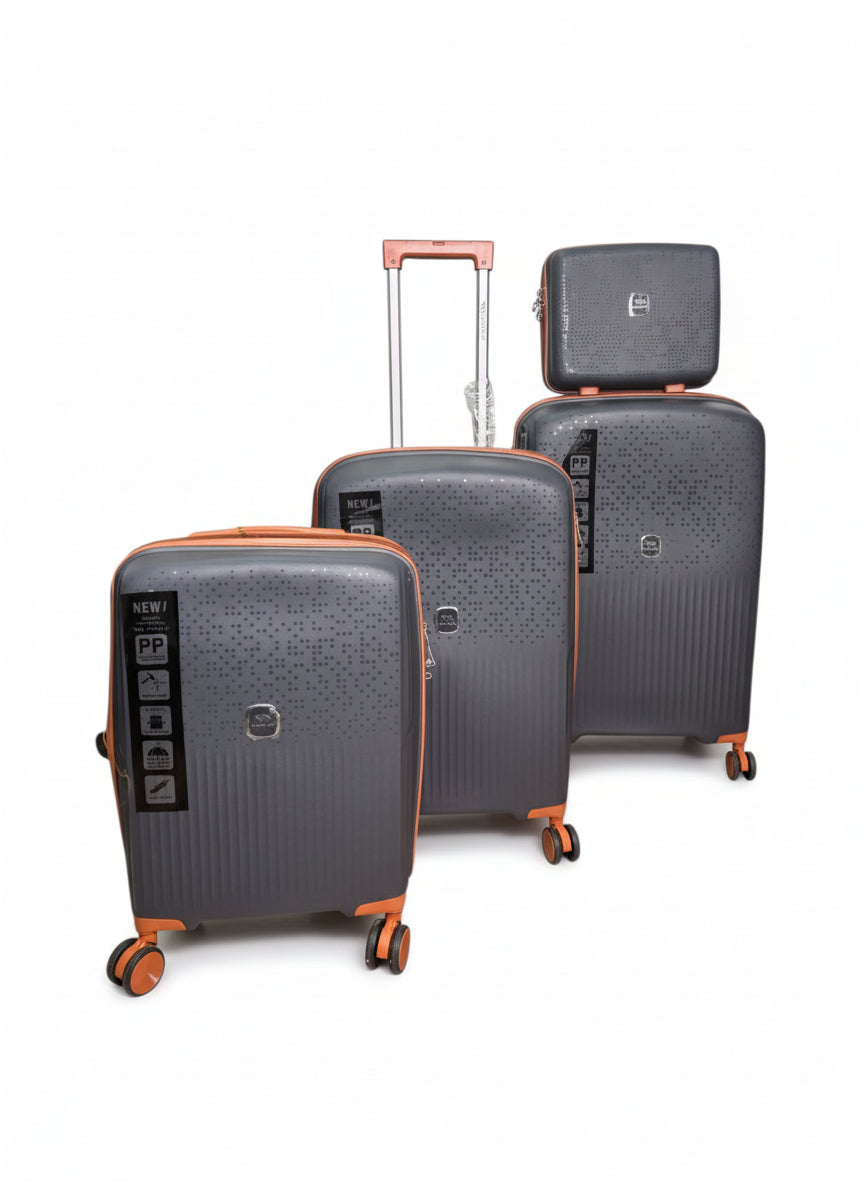 Set of gray suitcases with orange accents on a white background.  Monza Italy, Monza Outlet, Monza Fashion, Shein Outlet