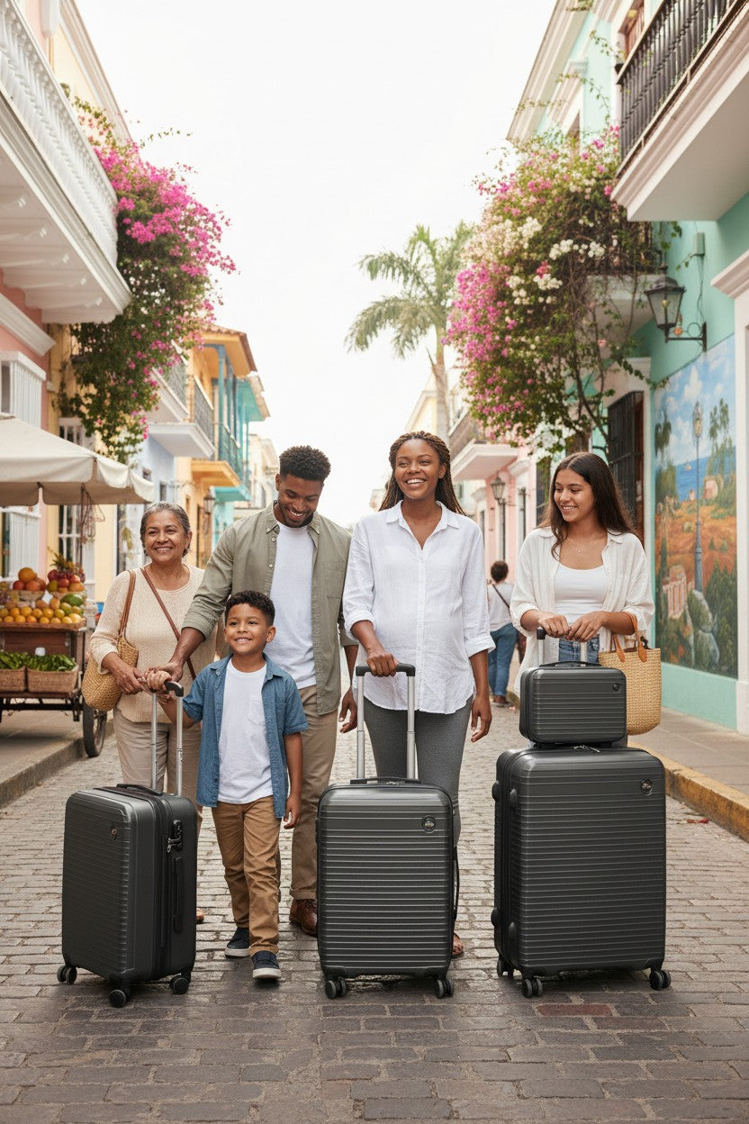 Family with suitcases walking down a colorful street. Monza Outlet, Monza Fashion, Shein Outlet
