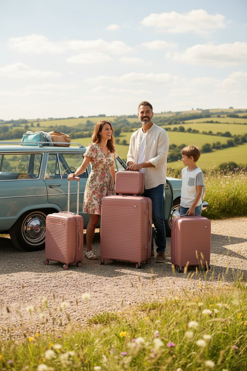 Family with pink suitcases standing near a vintage car in a scenic countryside setting. Monza Outlet, Monza Fashion, Shein Outlet