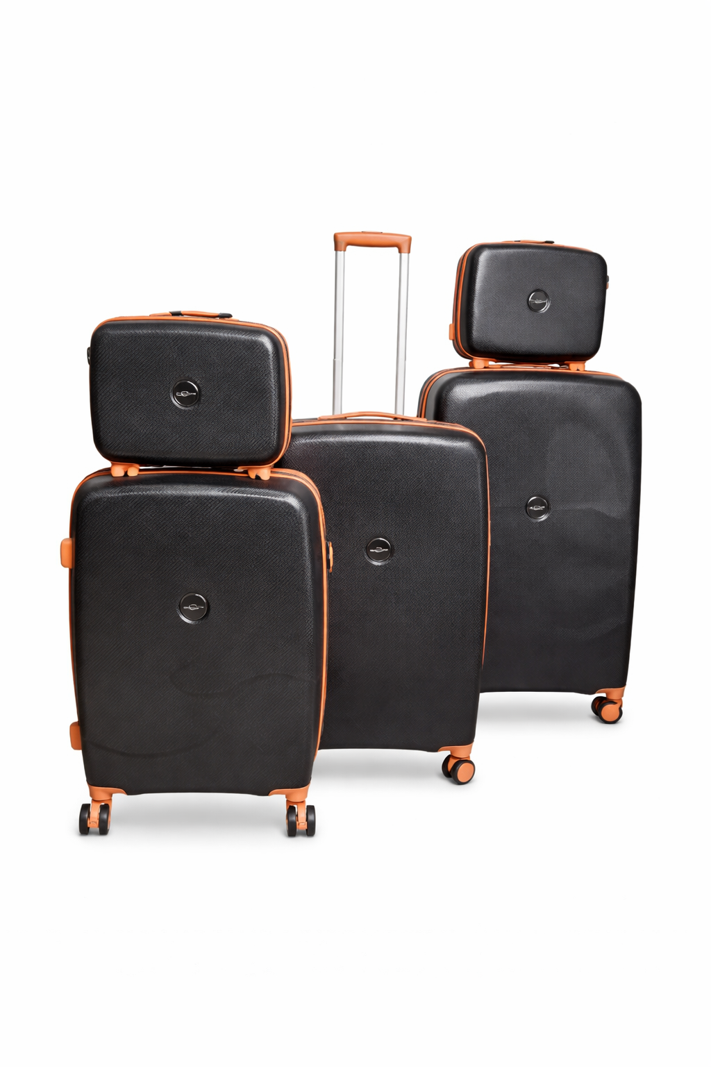 Set of black suitcases with orange accents on a white background. Monza Italy, Monza Outlet, Monza Fashion, Shein Outlet