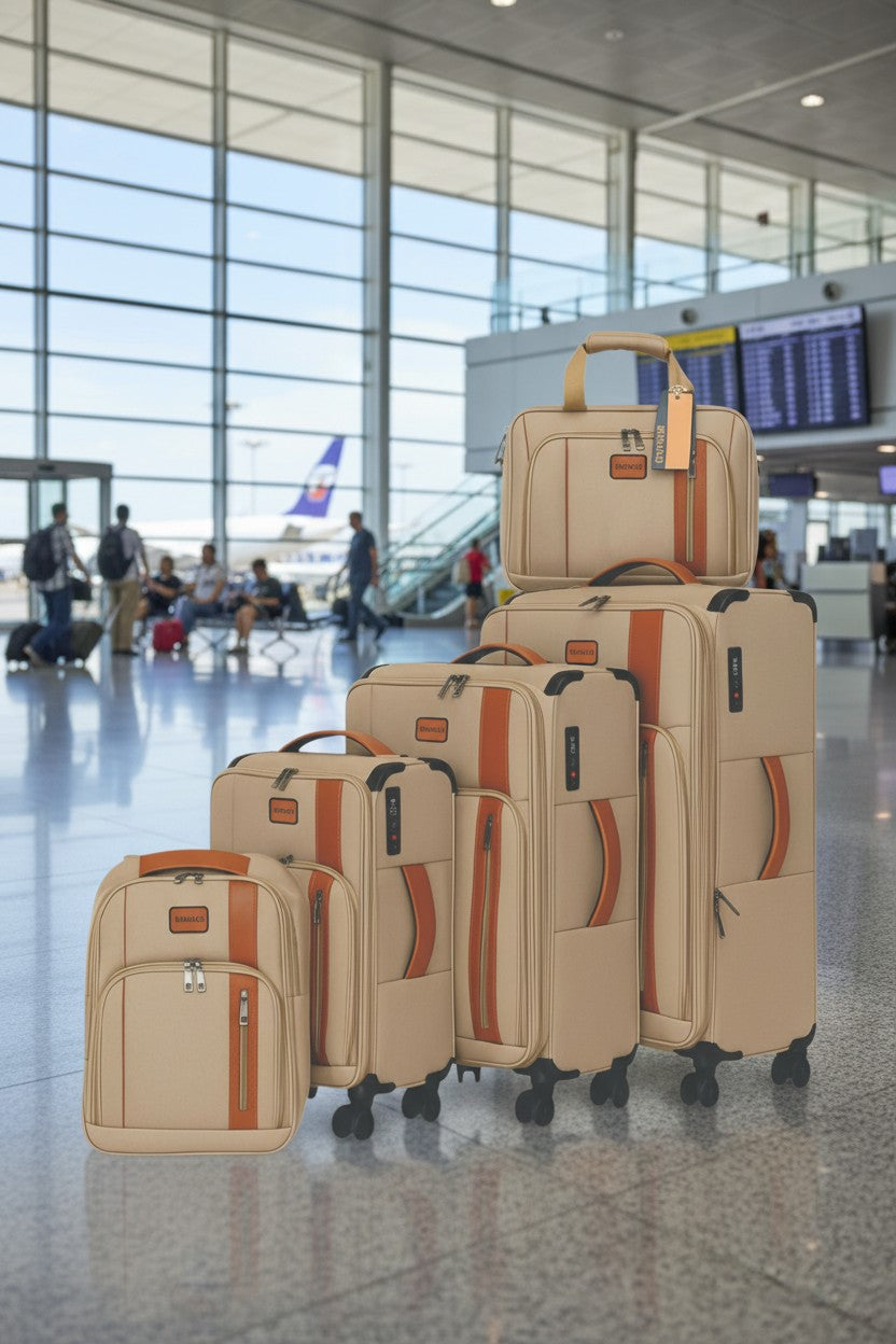 Set of beige suitcases with orange accents in an airport terminal. Monza Outlet, Monza Fashion, Shein Outlet