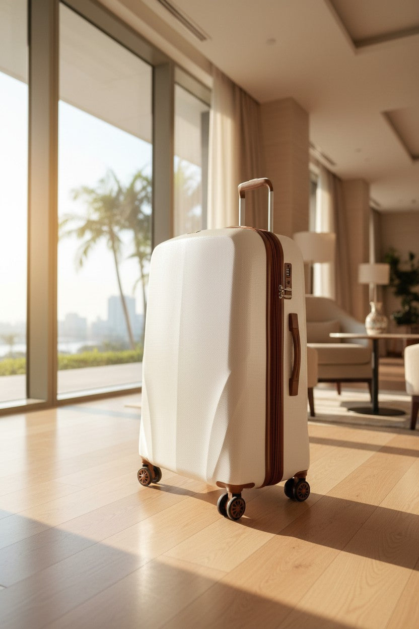 White suitcase with brown accents on a wooden floor in a modern room with large windows. Monza Outlet, Monza Fashion, Shein Outlet