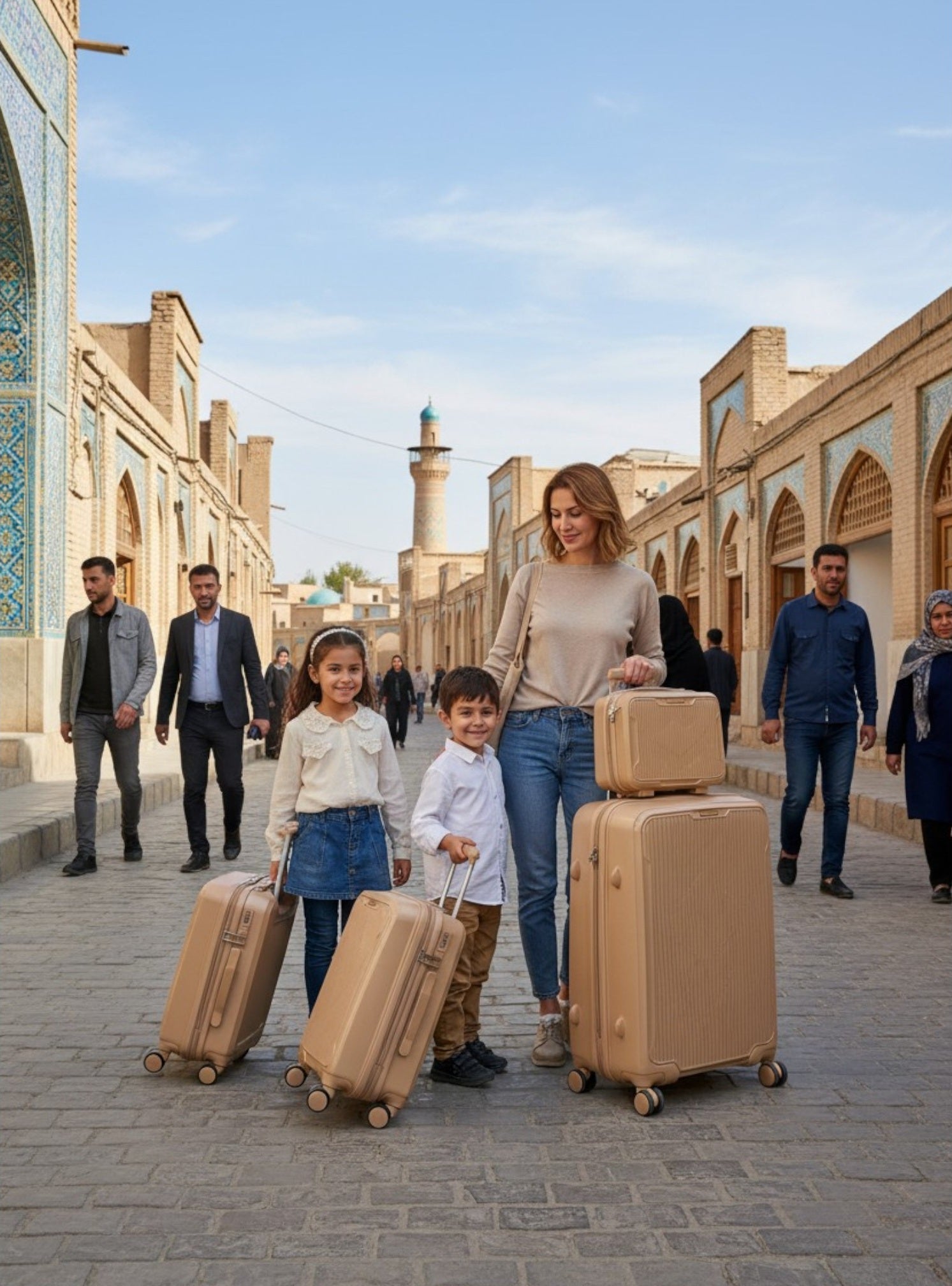 Family with suitcases walking through an architectural street with people in the background. Monza Outlet, Monza Fashion, Shein Outlet