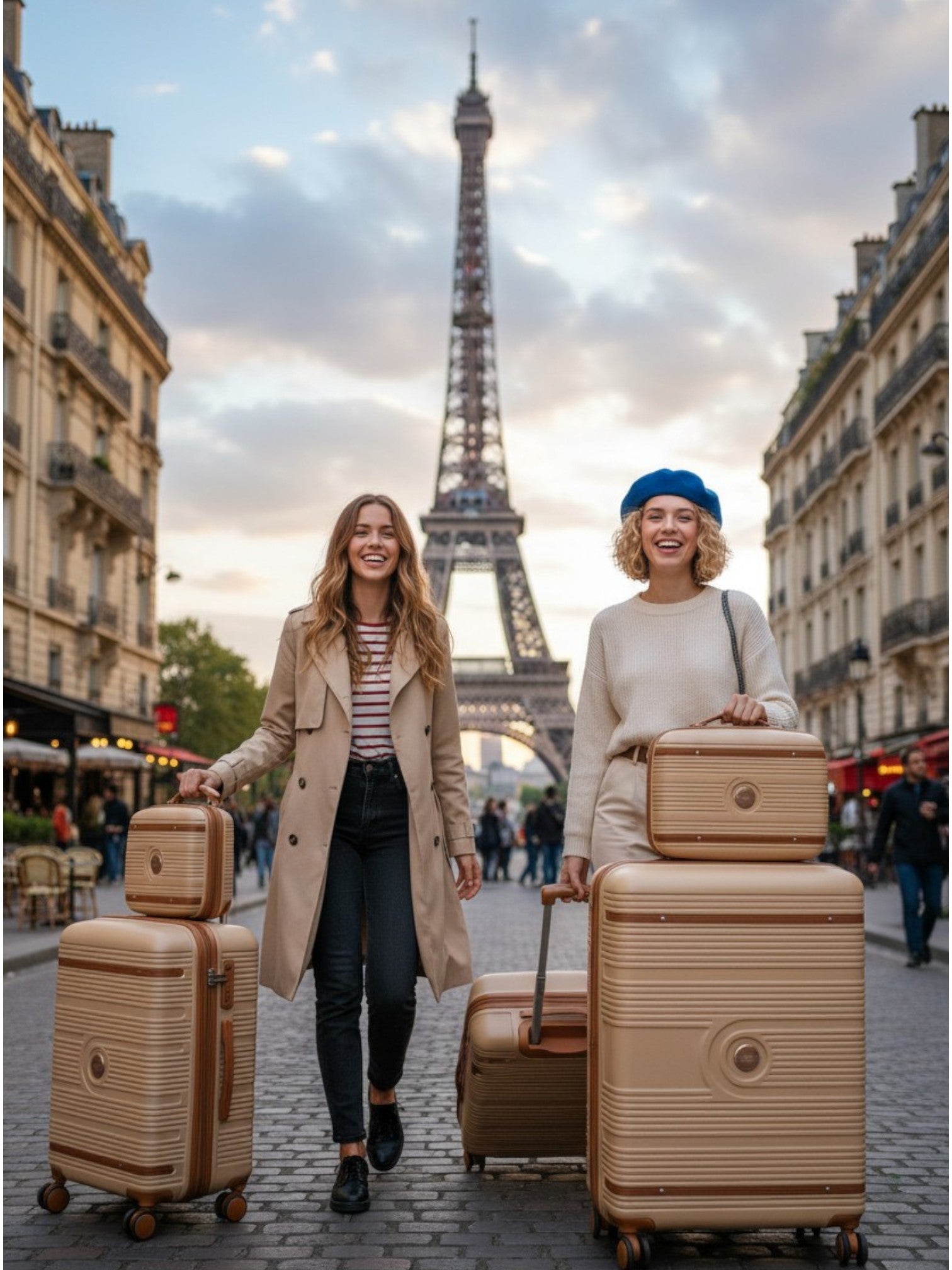 Two women with large beige suitcases in front of the Eiffel Tower. Monza Outlet, Monza Fashion, Shein Outlet