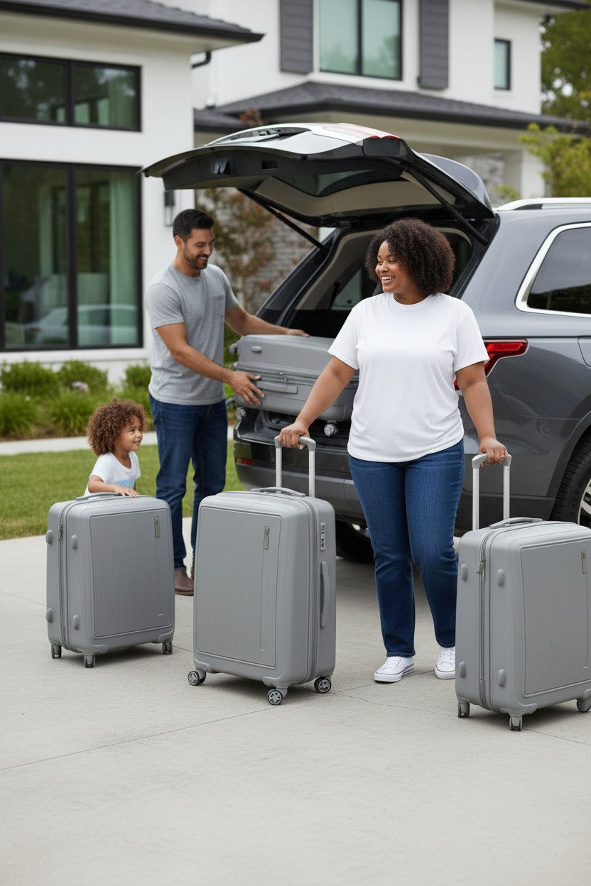 Family with suitcases in front of a house. Monza Outlet, Monza Fashion, Shein Outlet