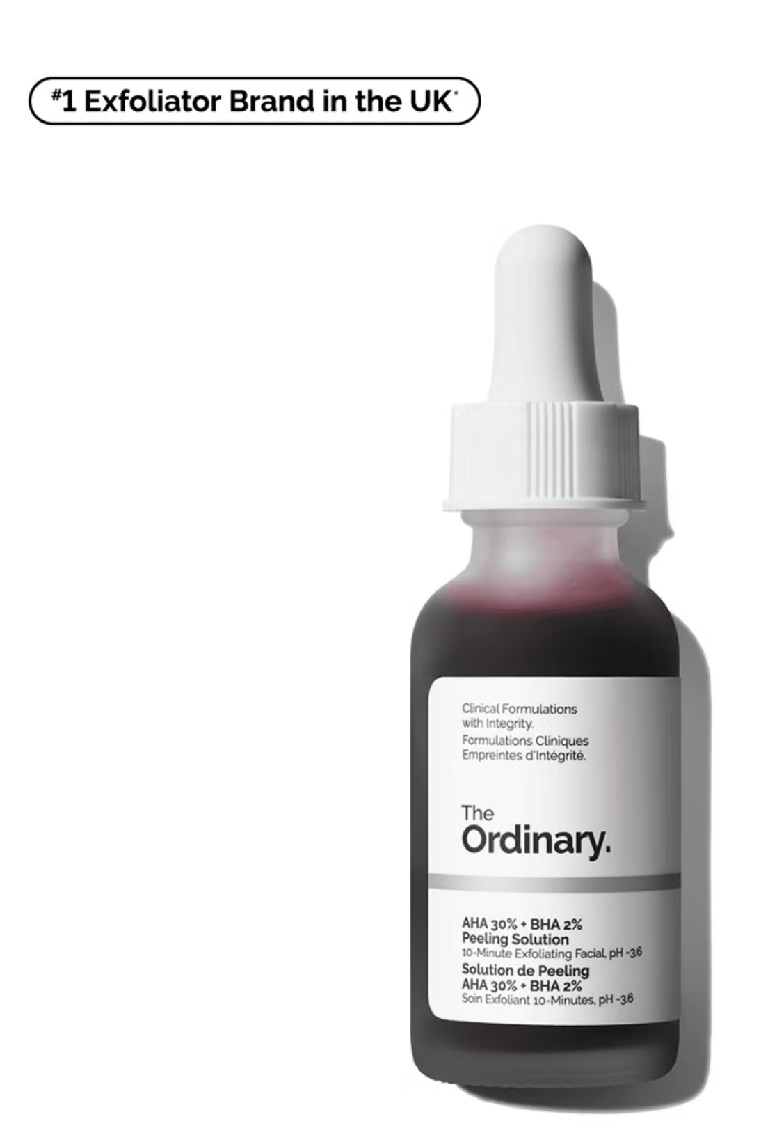 Bottle of The Ordinary exfoliator with a dropper on a white background Monza Outlet