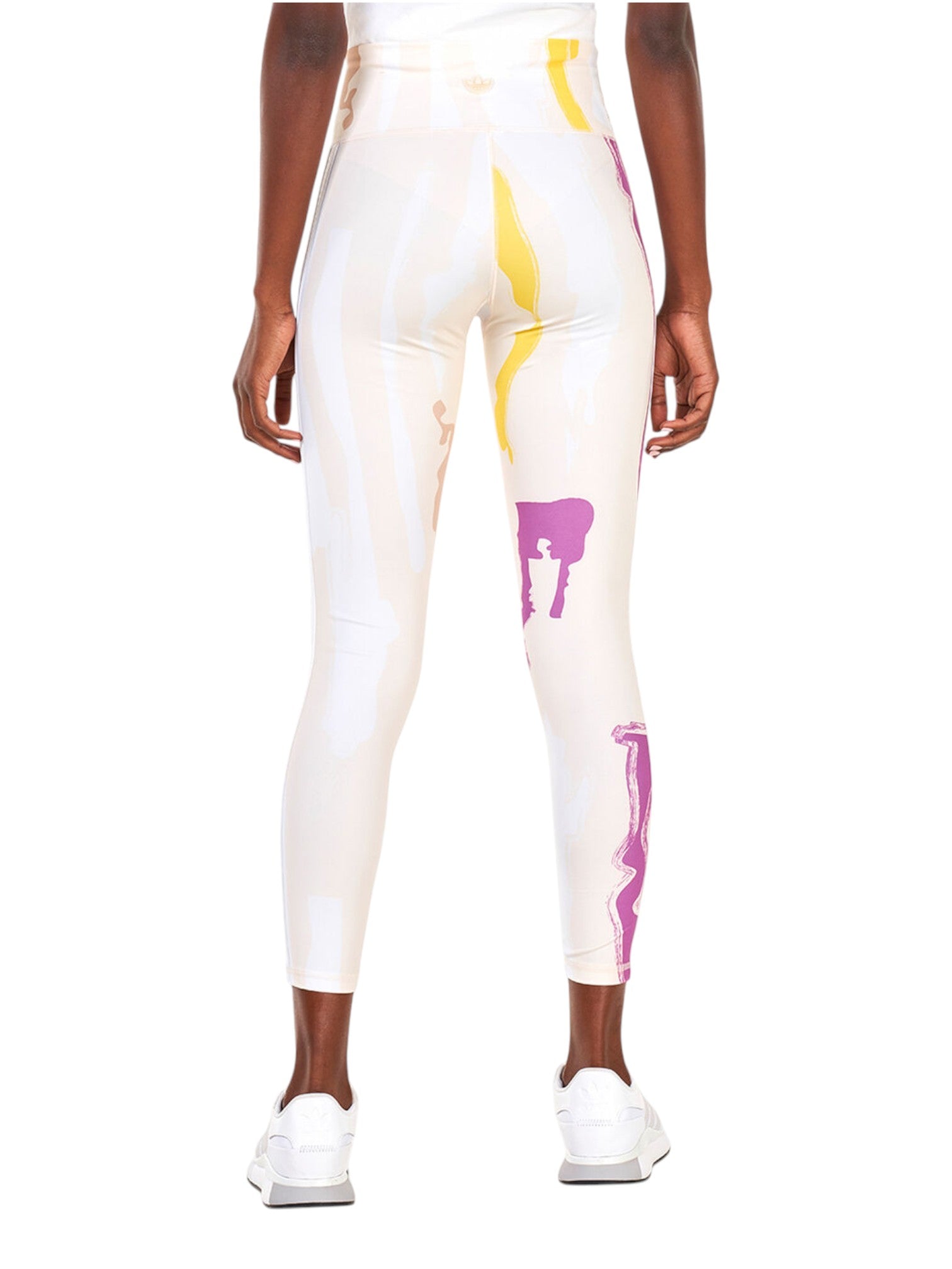 White leggings with colorful abstract designs worn by a person on a white background. Adidas, Monza Outlet, Monza Fashion, Shein Outlet