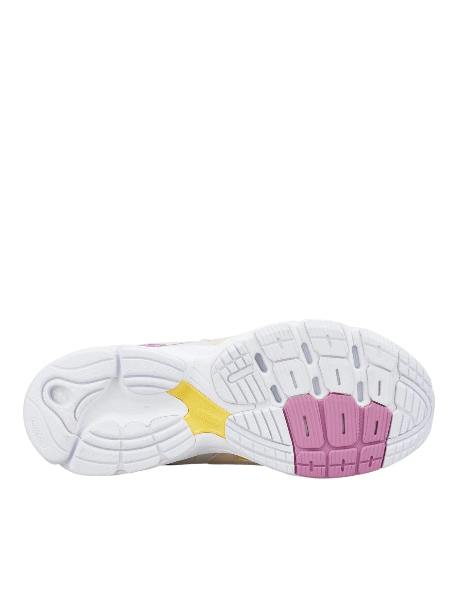 White athletic shoe with pink sole and yellow accent on a white background. Adidas, Monza Outlet, Monza Fashion, Shein Outlet