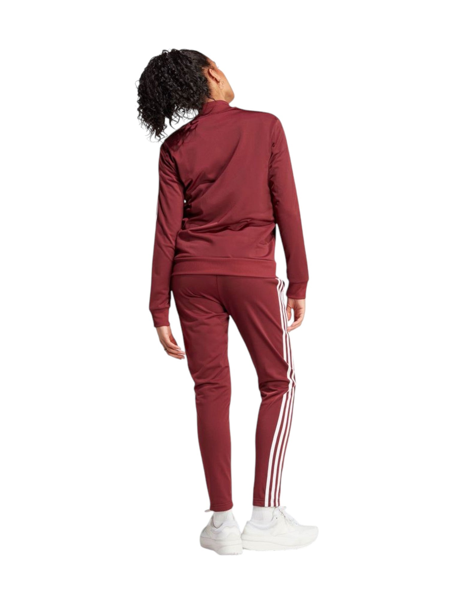Person wearing a maroon tracksuit with white stripes on a white background. Adidas, Monza Outlet, Monza Fashion, Shein Outlet