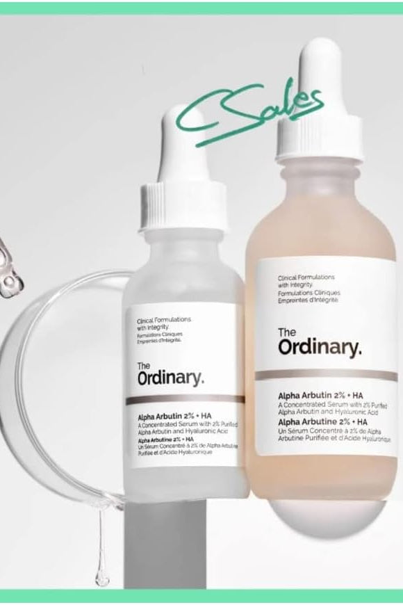 The Ordinary skincare products including a dropper bottle and serum on a light gray background. Monza Outlet