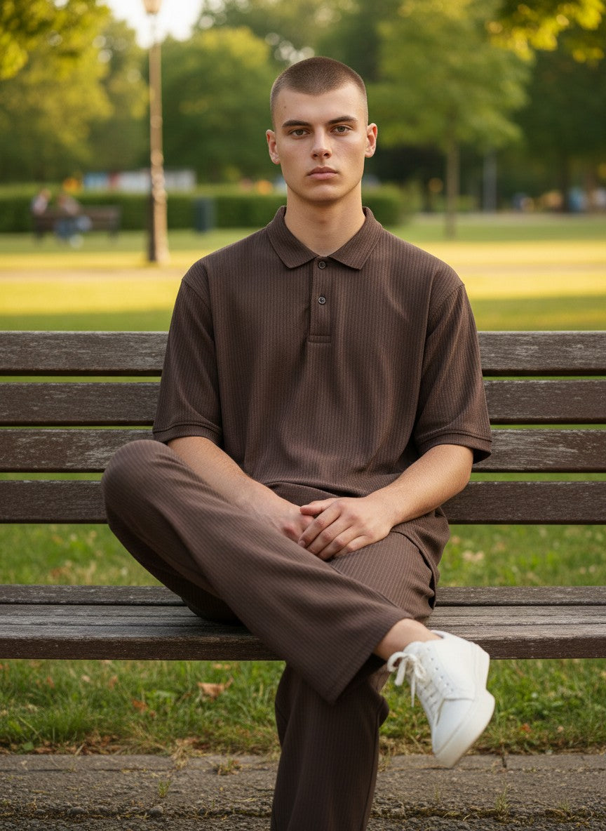Man sitting on a bench in a park wearing a brown outfit. Antler, Monza Outlet, Monza Fashion, Shein Outlet 
