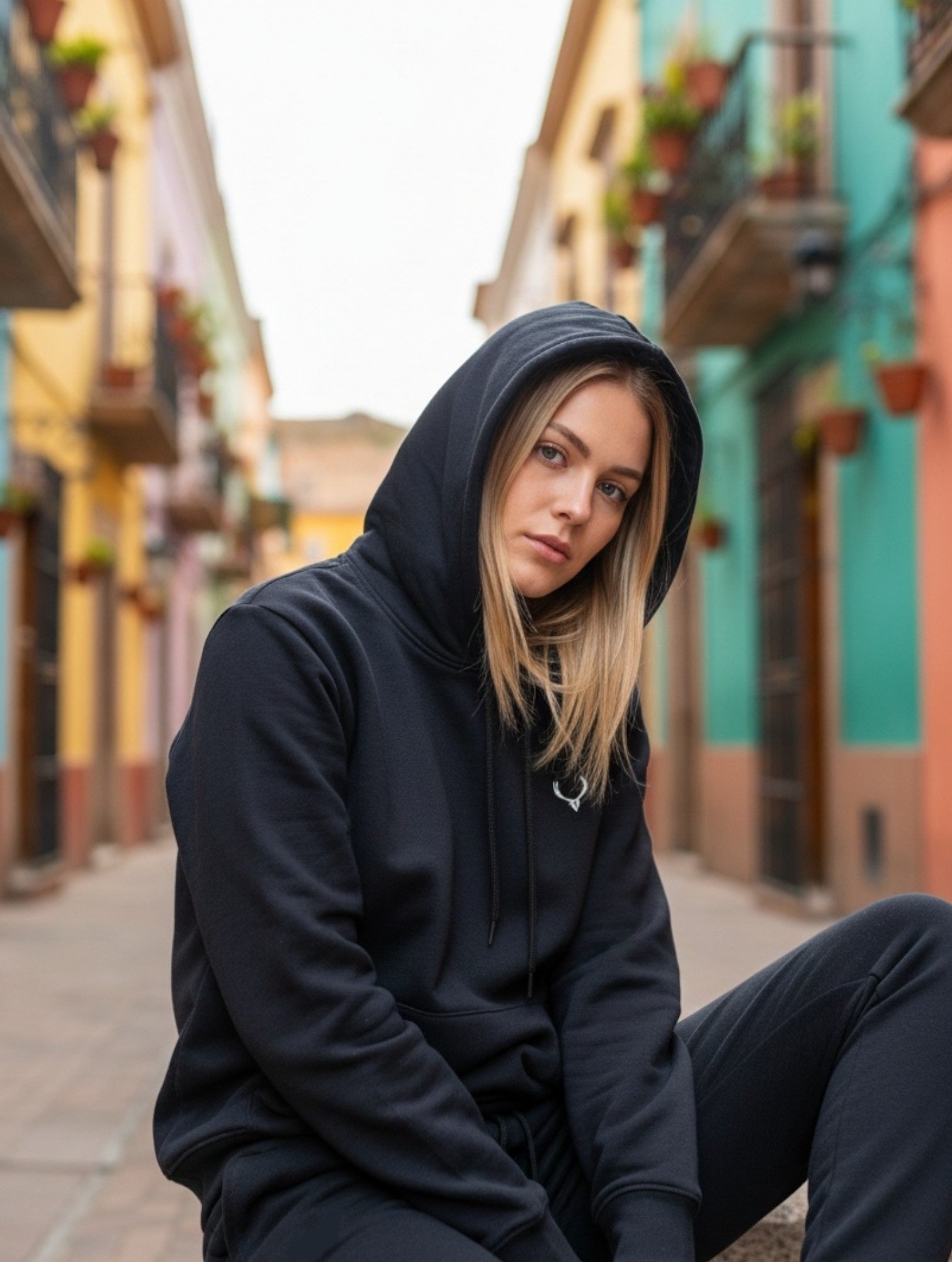 Person wearing a black hoodie sitting on a street with colorful buildings in the background. Antler, Monza Outlet, Monza Fashion, Shein Outlet