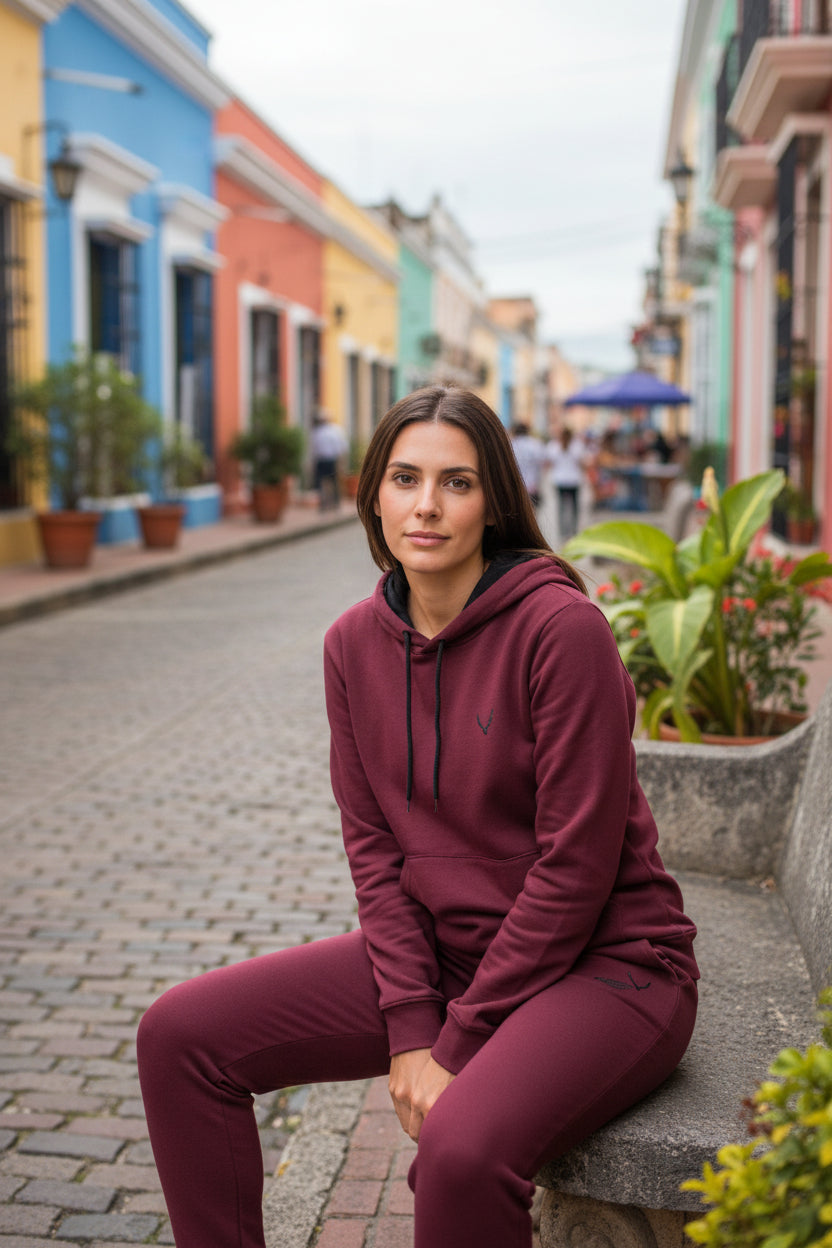 Woman in a maroon hoodie and pants sitting on a stone bench in a colorful street. Antler, Monza Outlet, Monza Fashion, Shein Outlet