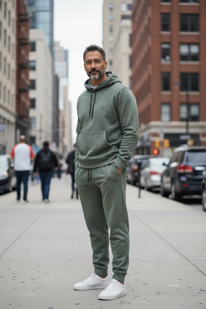 Man wearing a green tracksuit standing on a city street. Antler, Monza Outlet, Monza Fashion, Shein Outlet