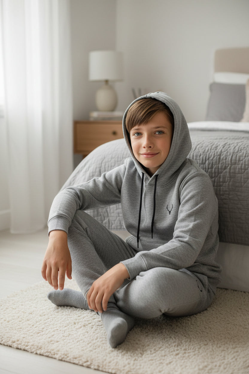 Child wearing a gray hoodie and pants sitting on a couch in a cozy living room. Antler, Monza Outlet, Monza Fashion, Shein Outlet