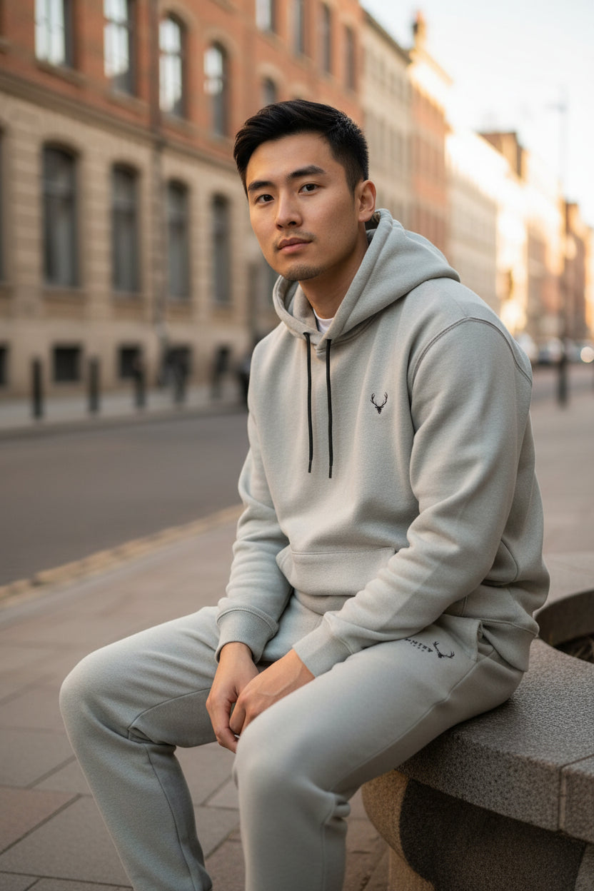 Man in light gray hoodie and pants sitting on a bench outdoors. Antler, Monza Outlet, Monza Fashion, Shein Outlet