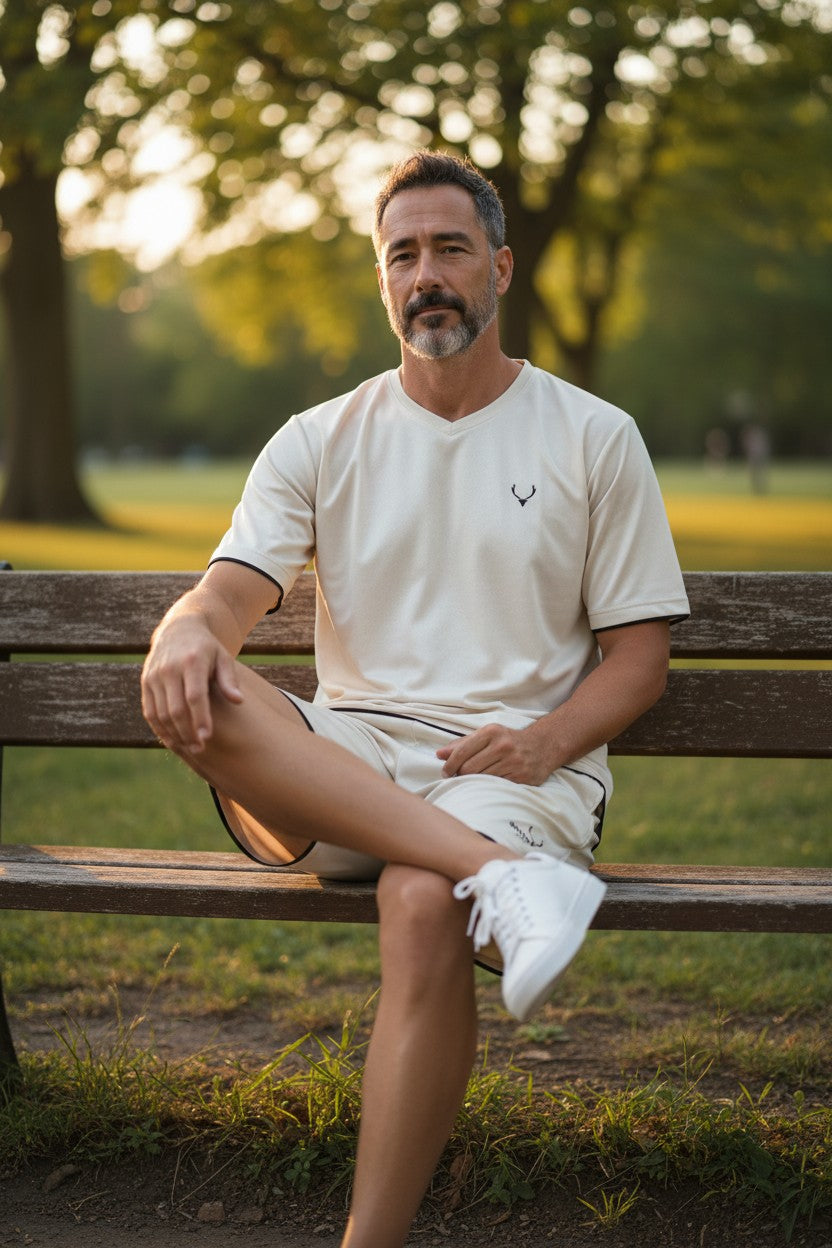 Man sitting on a bench in a park wearing a white t-shirt and shorts. Antler, Monza Outlet, Monza Fashion, Shein Outlet