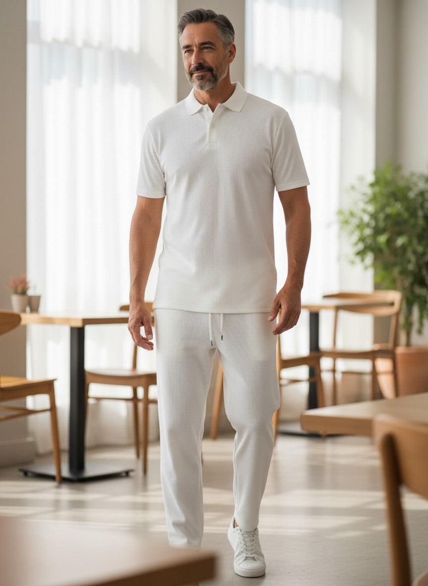 Man in a white outfit standing in a modern cafe. Antler, Monza Outlet, Monza Fashion, Shein Outlet 