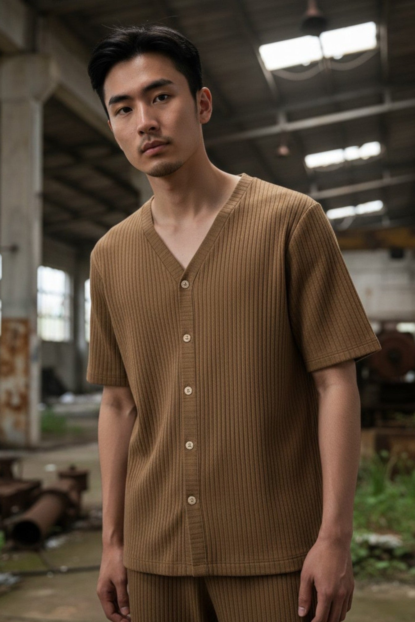 Man wearing a brown ribbed shirt and pants in an industrial setting. Antler, Monza Outlet, Monza Fashion, Shein Outlet