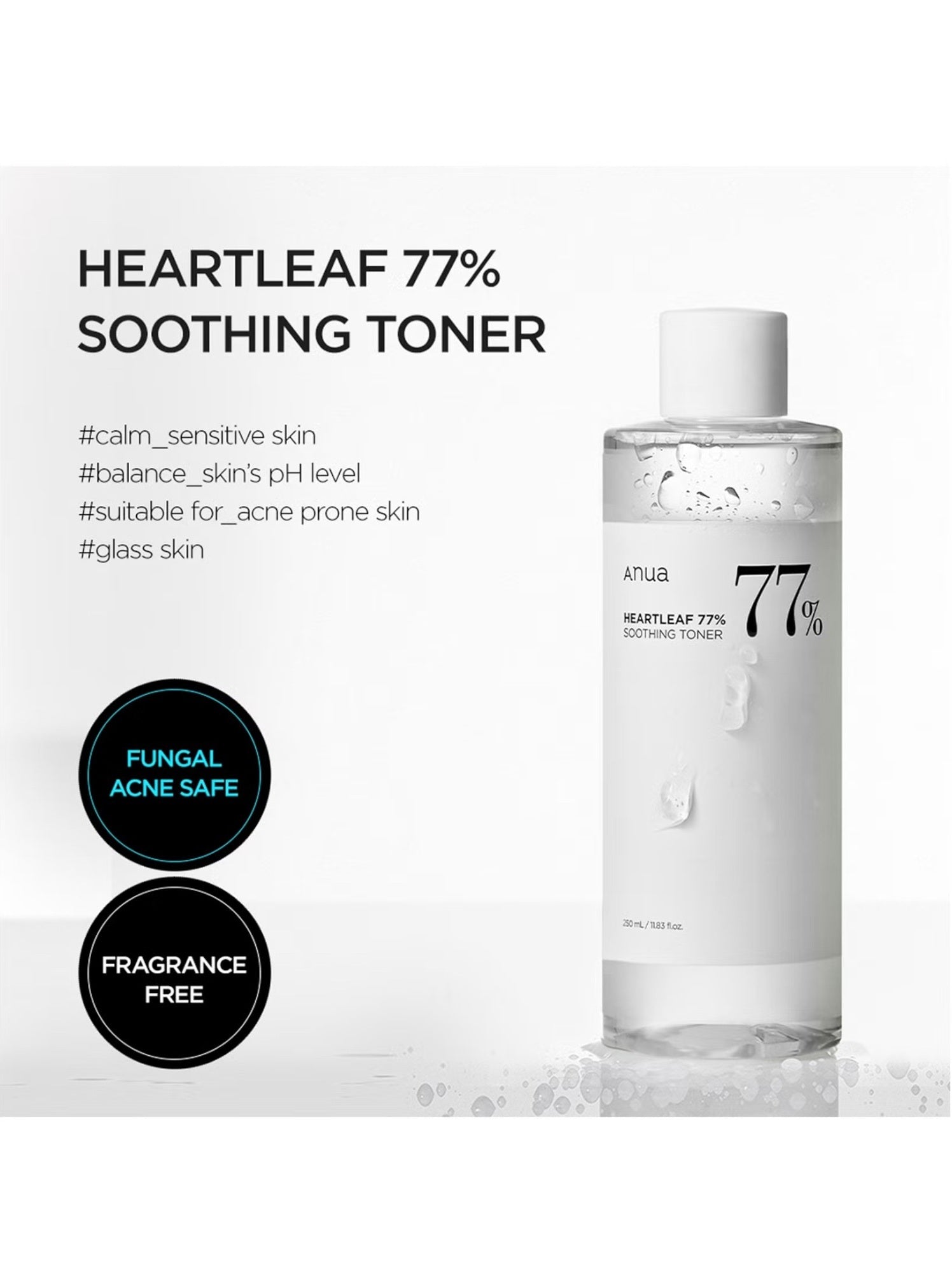 Heartleaf 77% Soothing Toner bottle with product details on a white background. Anua, Monza Outlet, Monza Fashion, Shein Outlet