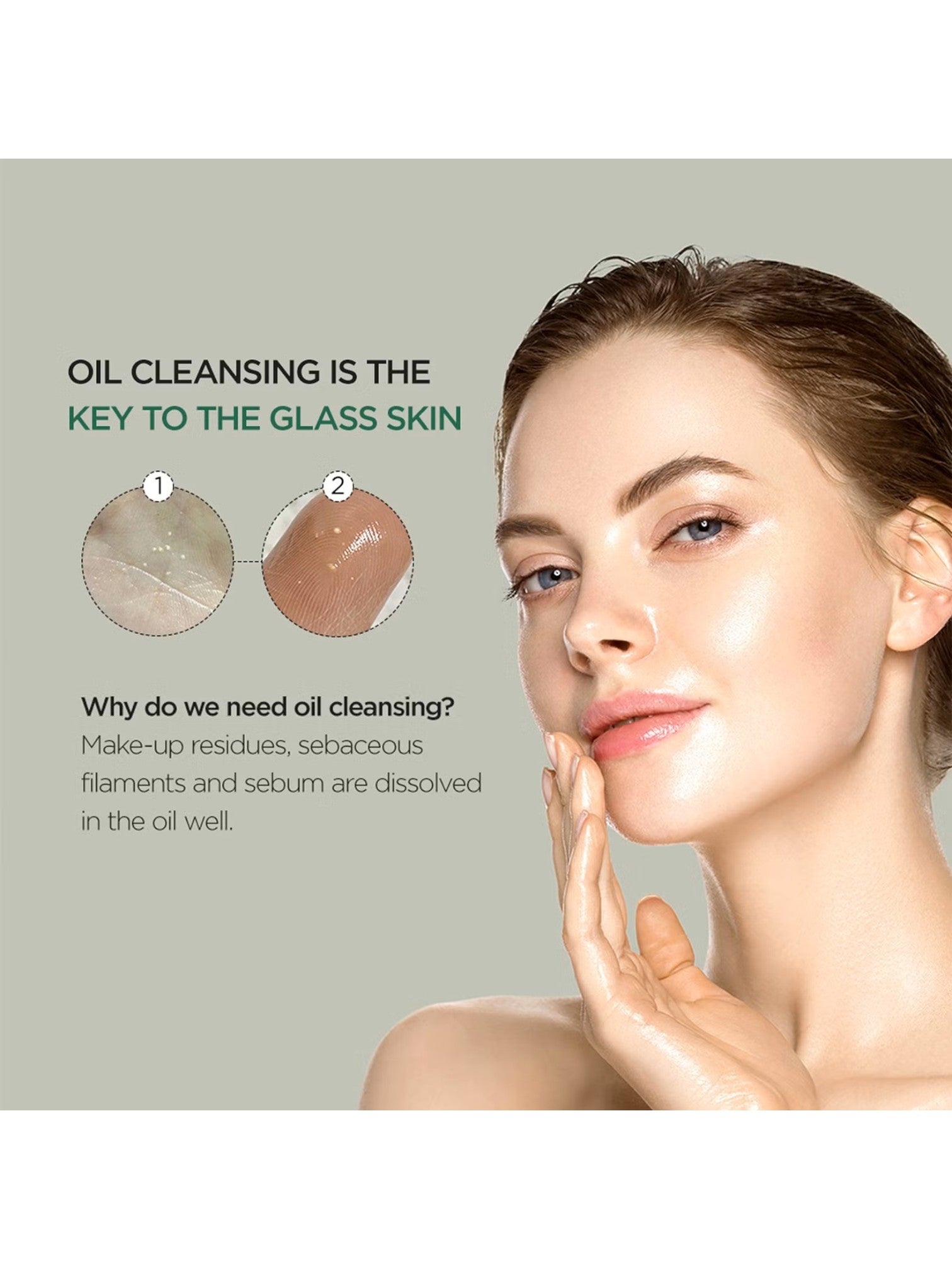 Woman with clear skin and text about oil cleansing on a light green background. Anua, Monza Outlet, Monza Fashion, Shein Outlet