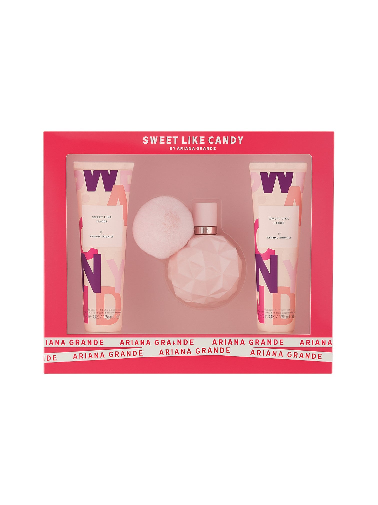 Ariana Grande Sweet Like Candy perfume set with two bottles and a pink box on a white background. Ariana Grande Sweet Like Candy, Monza Outlet, Monza Fashion, Shein Outlet