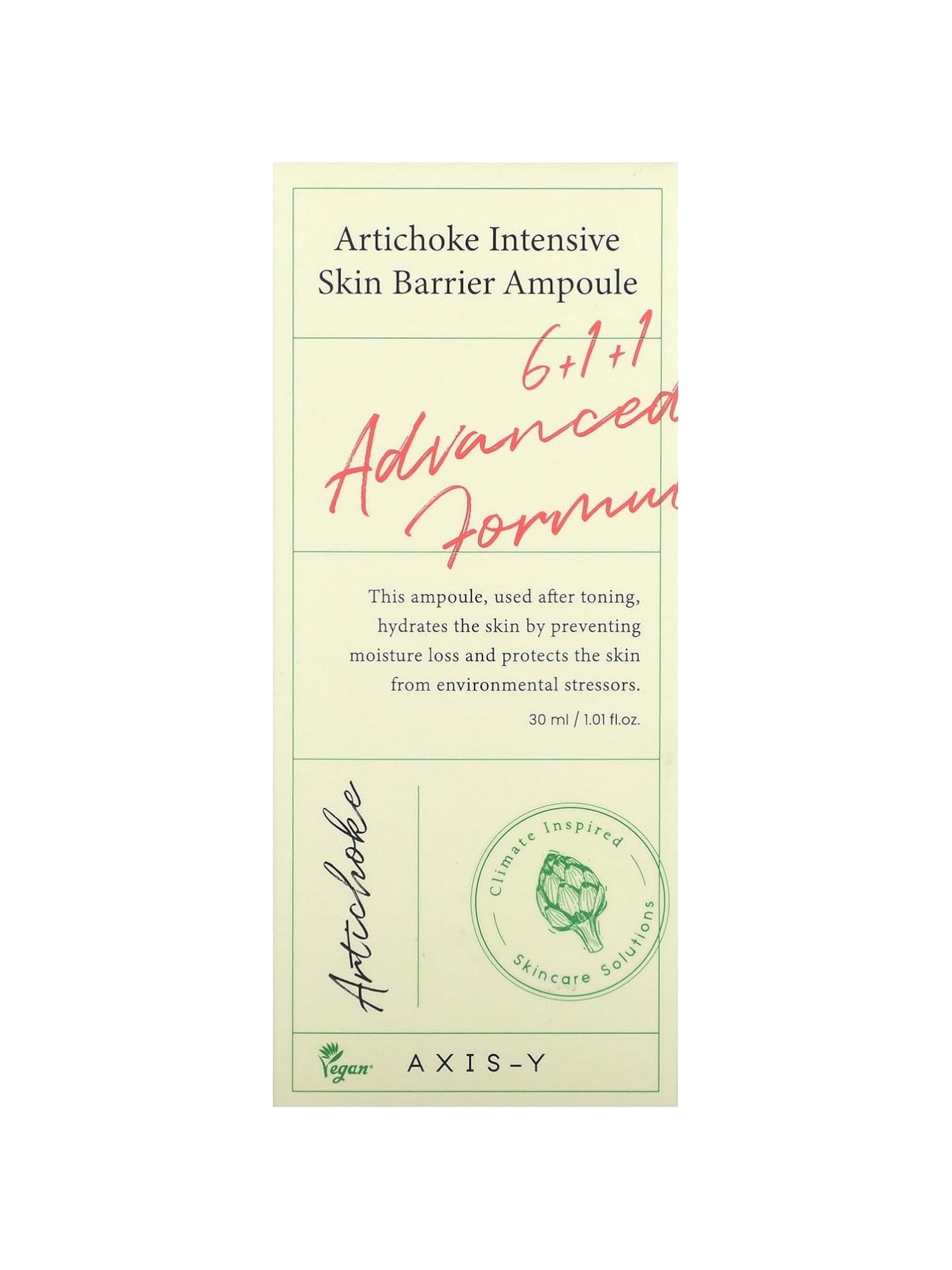 Axis-Y Artichoke Intensive Skin Barrier Ampoule packaging on a white background. Axis-y, Monza Outlet, Monza Fashion, Shein Outlet
