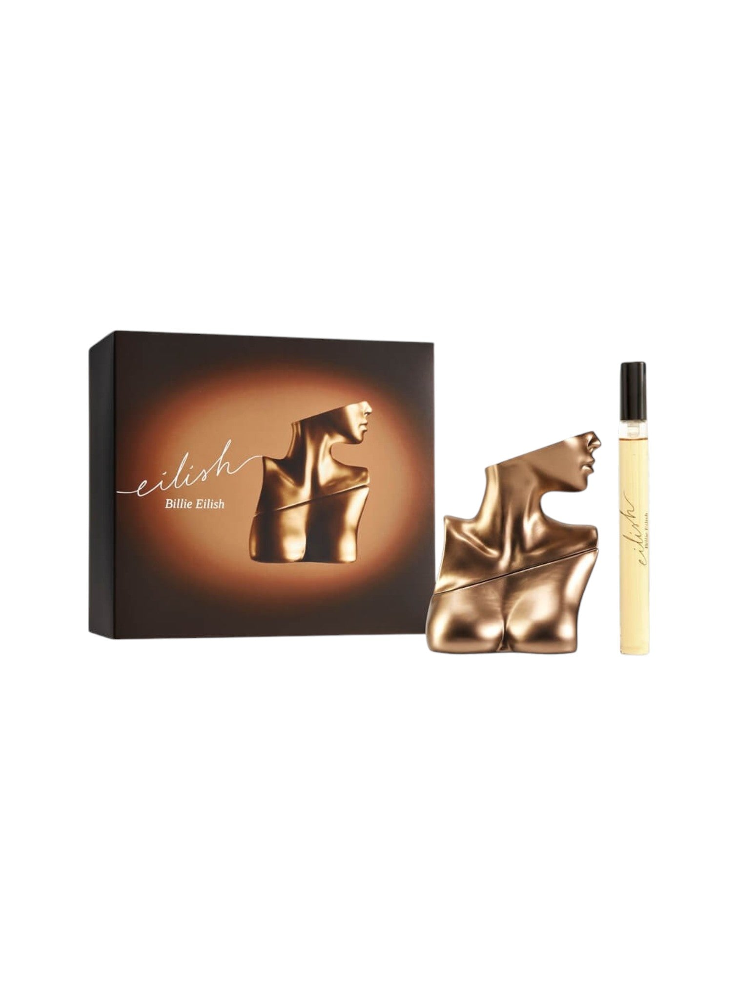 Perfume set with gold bottle and packaging on a white background. Billie Eilish, Monza Outlet, Monza Fashion, Shein Outlet