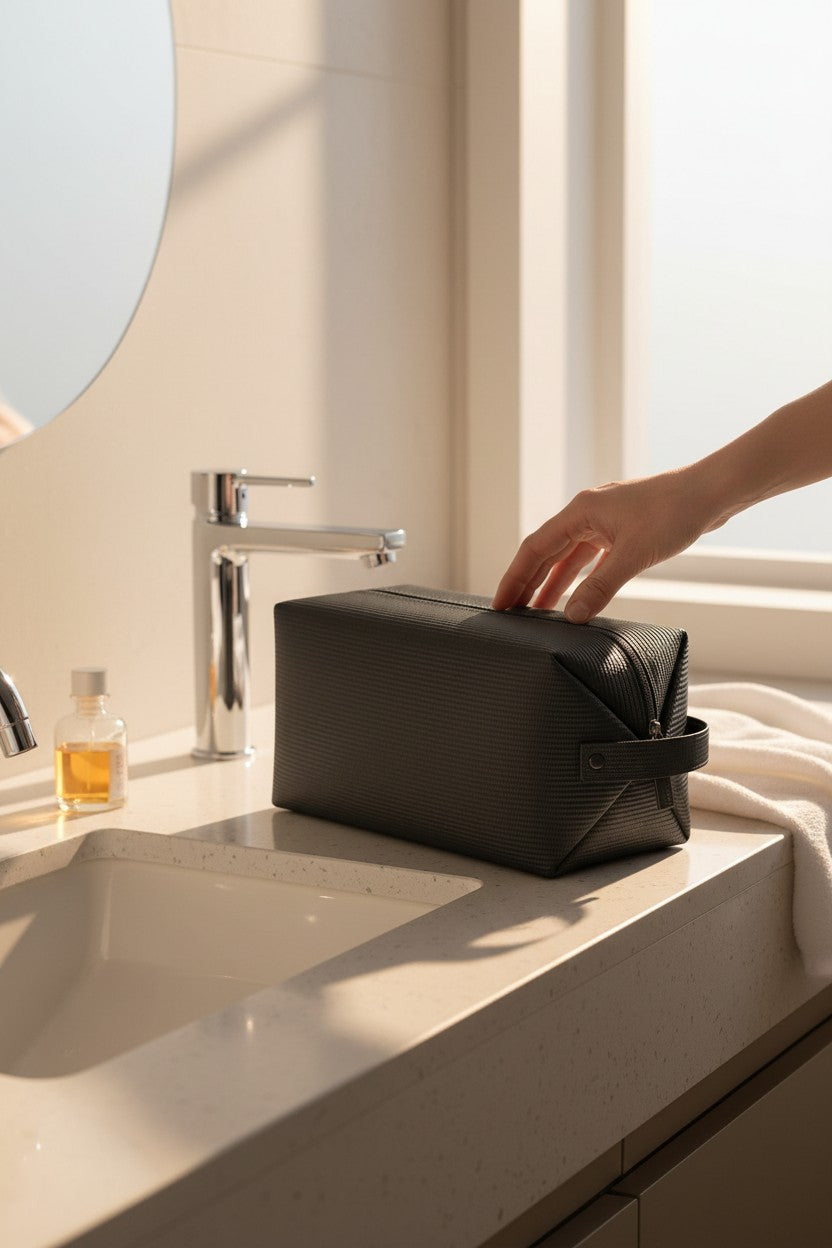 Person closing a black toiletry bag on a bathroom counter with natural light. Bvlgari, Monza Outlet, Monza Fashion, Shein Outlet 