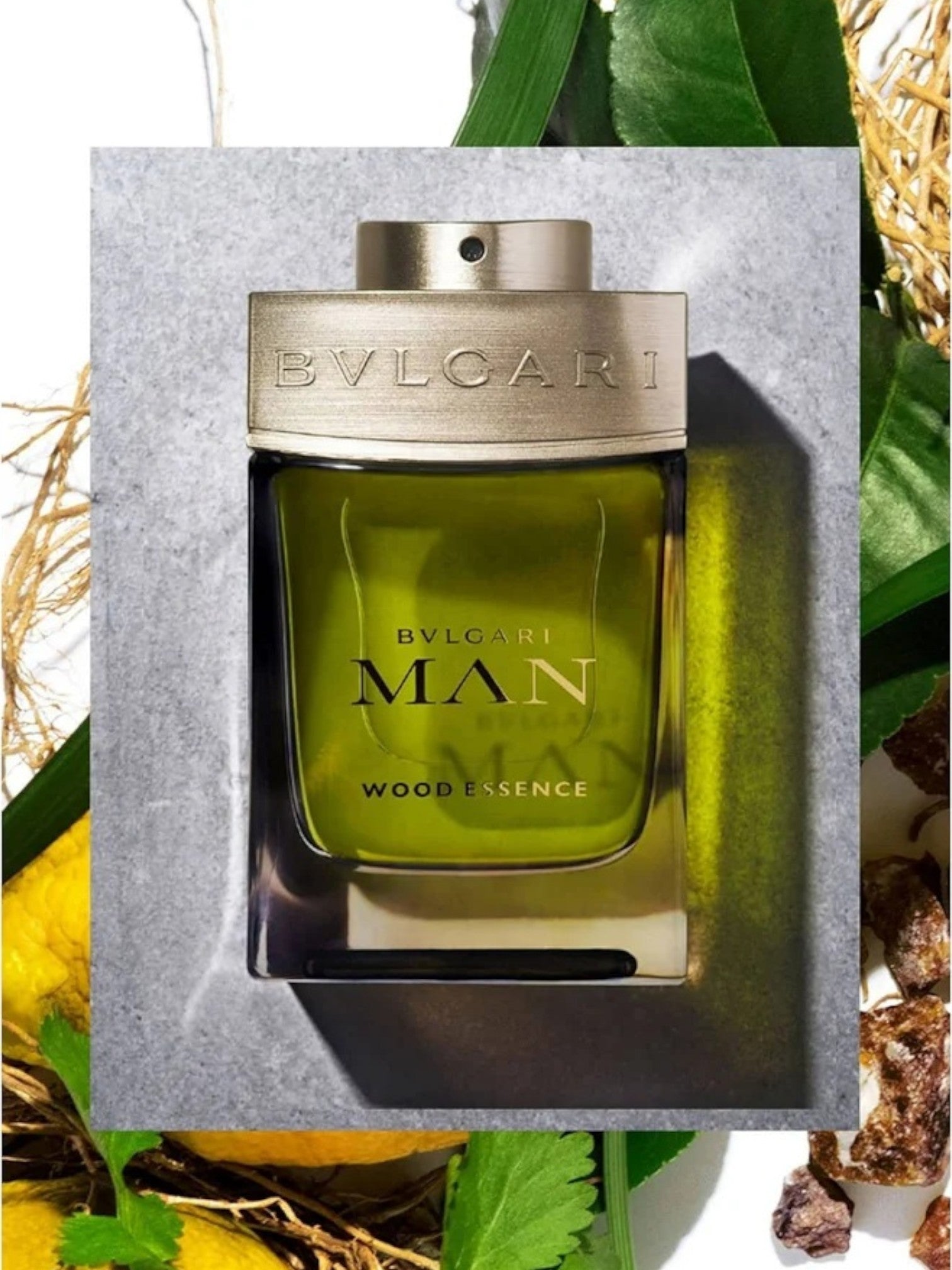 Bulgari Man Wood Essence perfume bottle in a decorative box with green leaves and natural elements in the background. Bvlgari, Monza Outlet, Monza Fashion, Shein Outlet