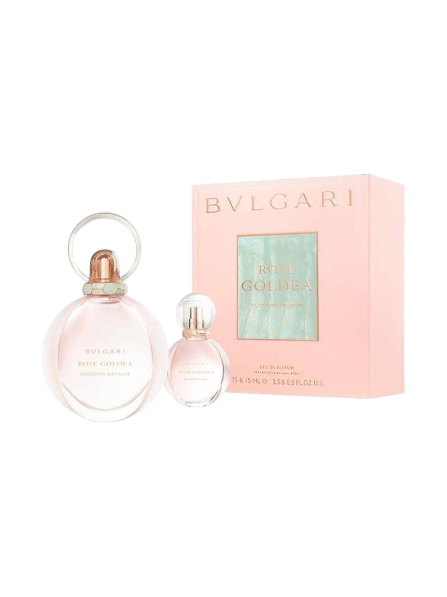 Bulgari perfume set with pink bottles and packaging on a white background. Bvlgari, Monza Outlet, Monza Fashion, Shein Outlet 