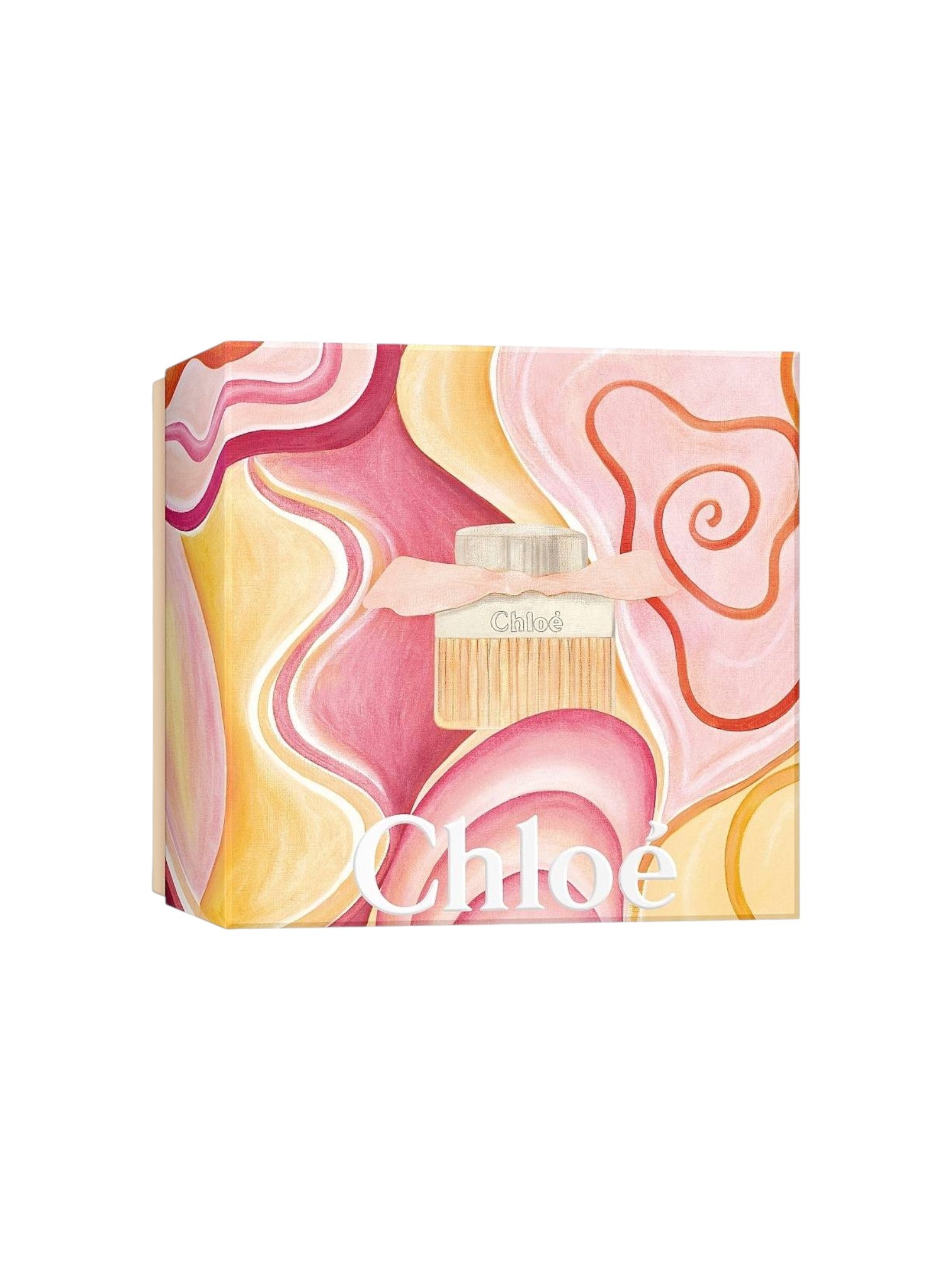 Chloe perfume packaging with colorful abstract design on a white background. Chloe, Monza Outlet, Monza Fashion, Shein Outlet