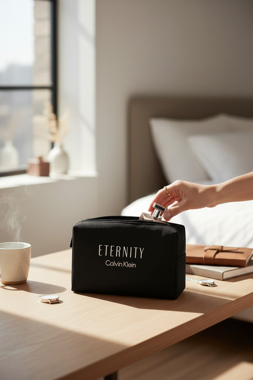 Person opening a black Calvin Klein Eternity bag on a table with a cup and notebook in a bedroom setting. Calvin Klein, Monza Outlet, Monza Fashion, Shein Outlet 