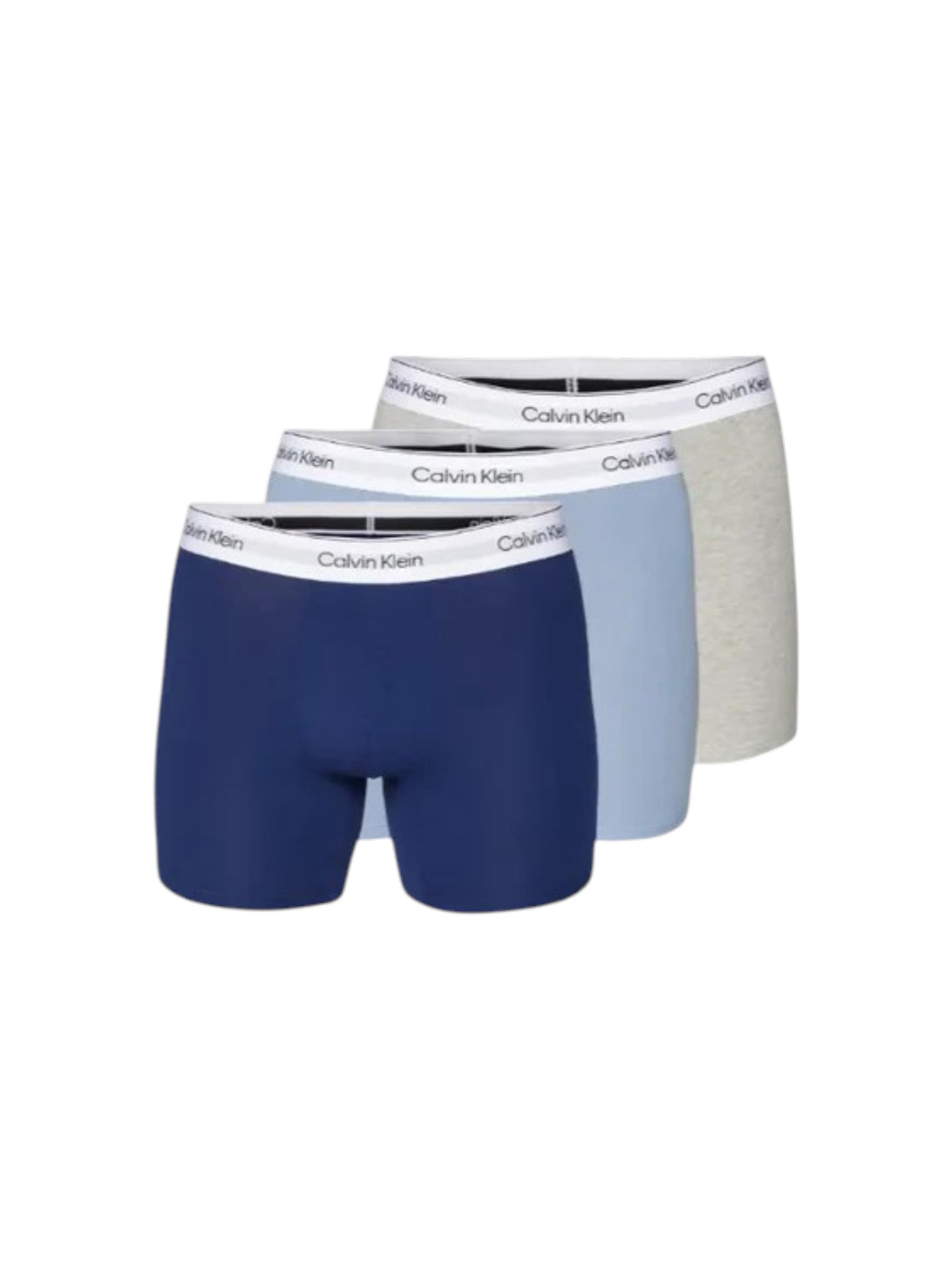 Three pairs of Calvin Klein mens boxer briefs in navy blue, light blue, and heather gray, arranged in a fan shape against a plain white background. Calvin Klein, Monza Outlet, Monza Fashion, Shein Outlet