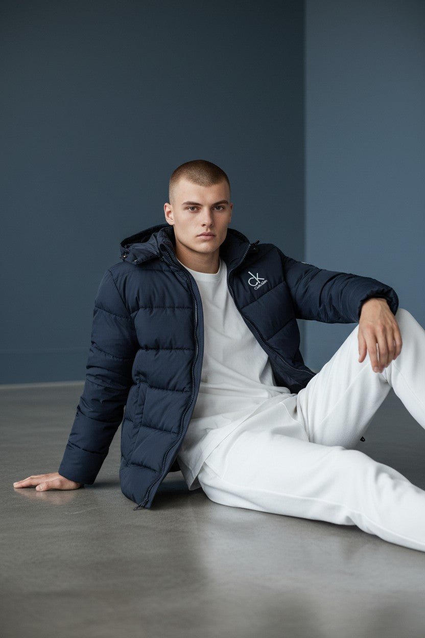 Man wearing a navy puffer jacket and white pants sitting on a gray floor against a dark blue wall. Calvin Klein, Monza Outlet, Monza Fashion, Shein Outlet
